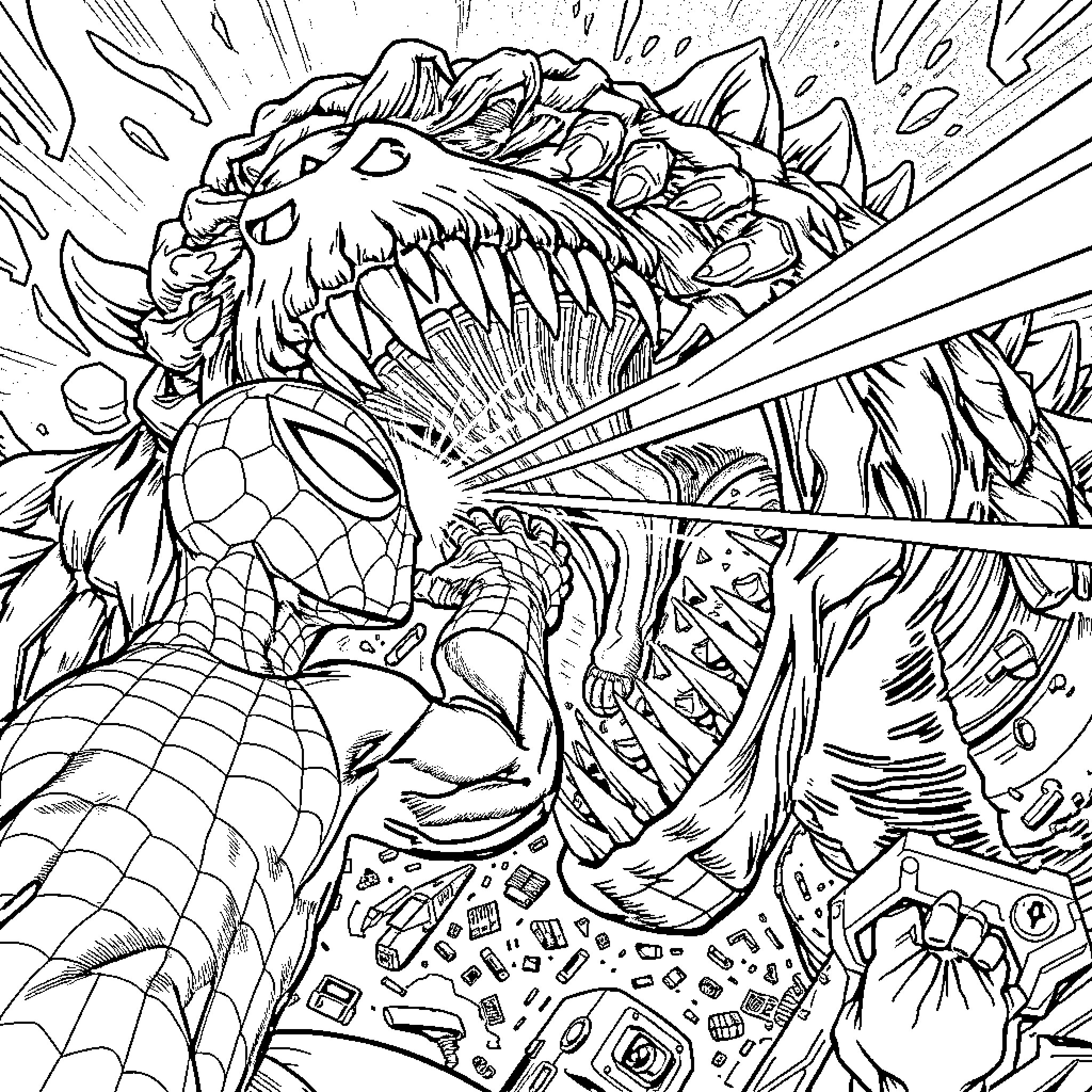 Spiderman's epic battle against a monstrous foe Coloring Page (free black-and-white line drawing printable PDF for all, from beginners to advanced learners, including children, teens, adults, and seniors)