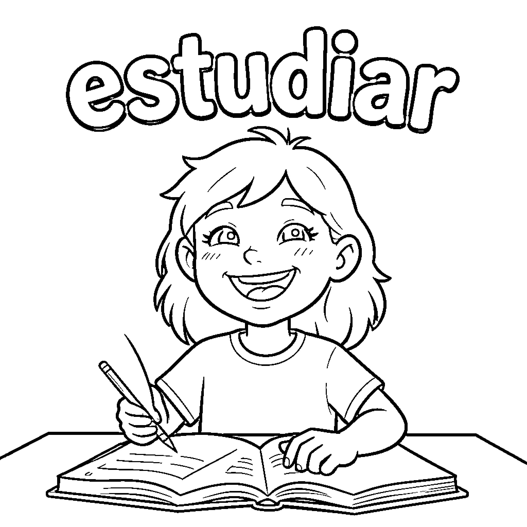 Estudiante feliz estudiando atentamente Coloring Page (free black-and-white line drawing printable PDF for all, from beginners to advanced learners, including children, teens, adults, and seniors)