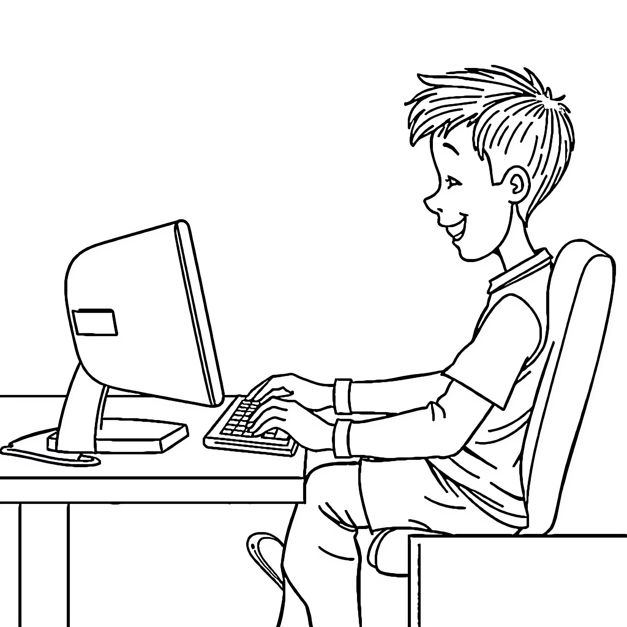 Kid working diligently on computer at desk Coloring Page (free black-and-white line drawing printable PDF for all, from beginners to advanced learners, including children, teens, adults, and seniors)