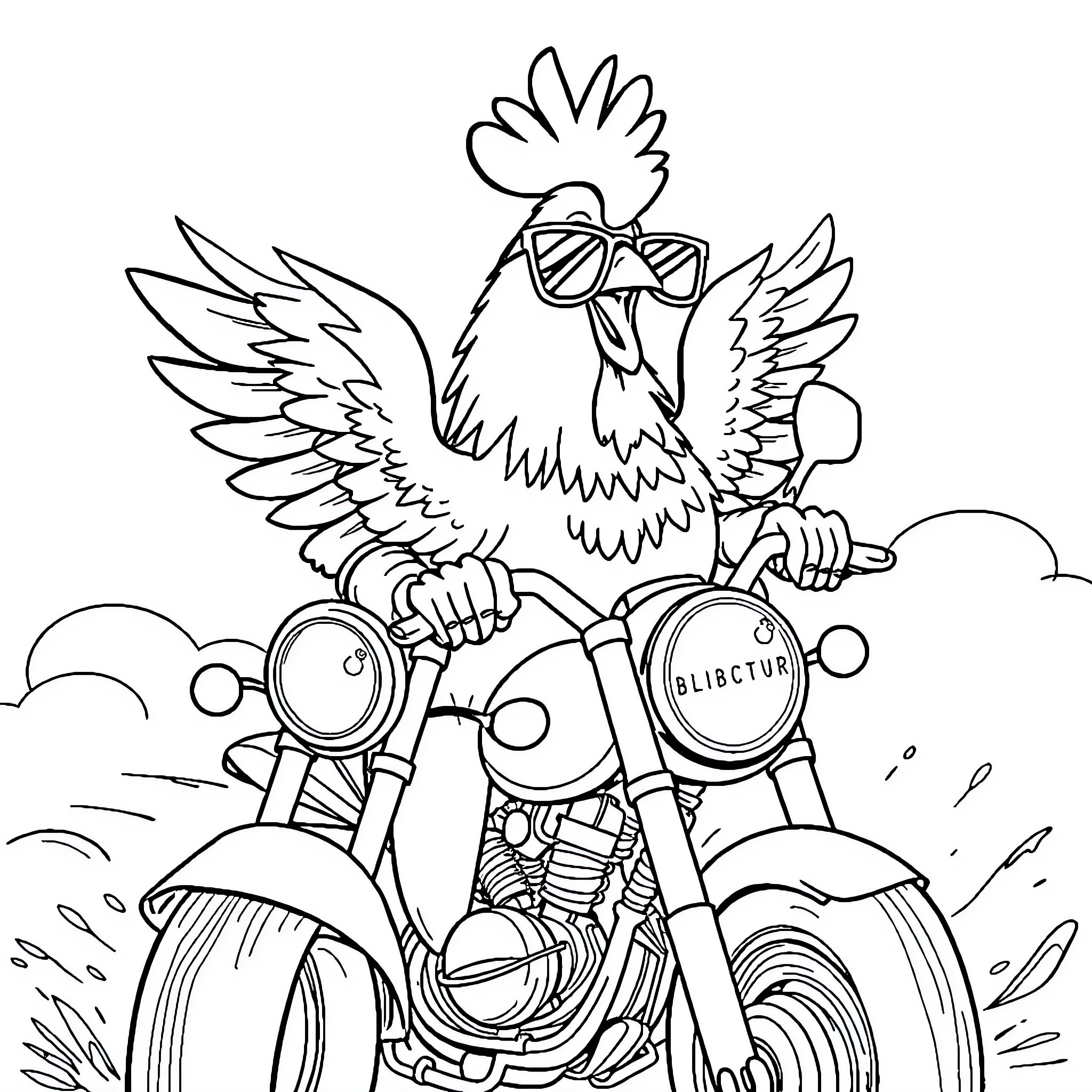 Chicken riding a motorcycle in the clouds Coloring Page (free black-and-white line drawing printable PDF for all, from beginners to advanced learners, including children, teens, adults, and seniors)