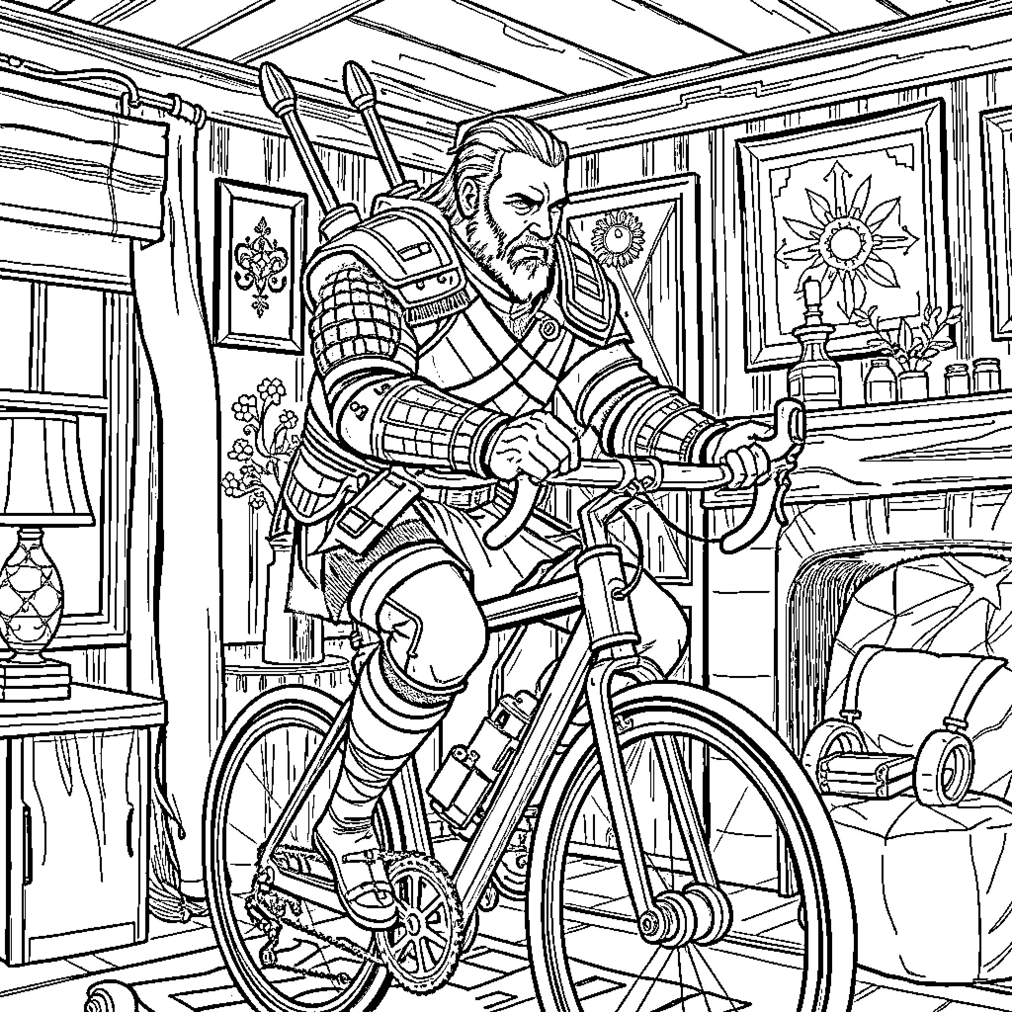Witcher riding a bicycle indoors Coloring Page (free black-and-white line drawing printable PDF for all, from beginners to advanced learners, including children, teens, adults, and seniors)