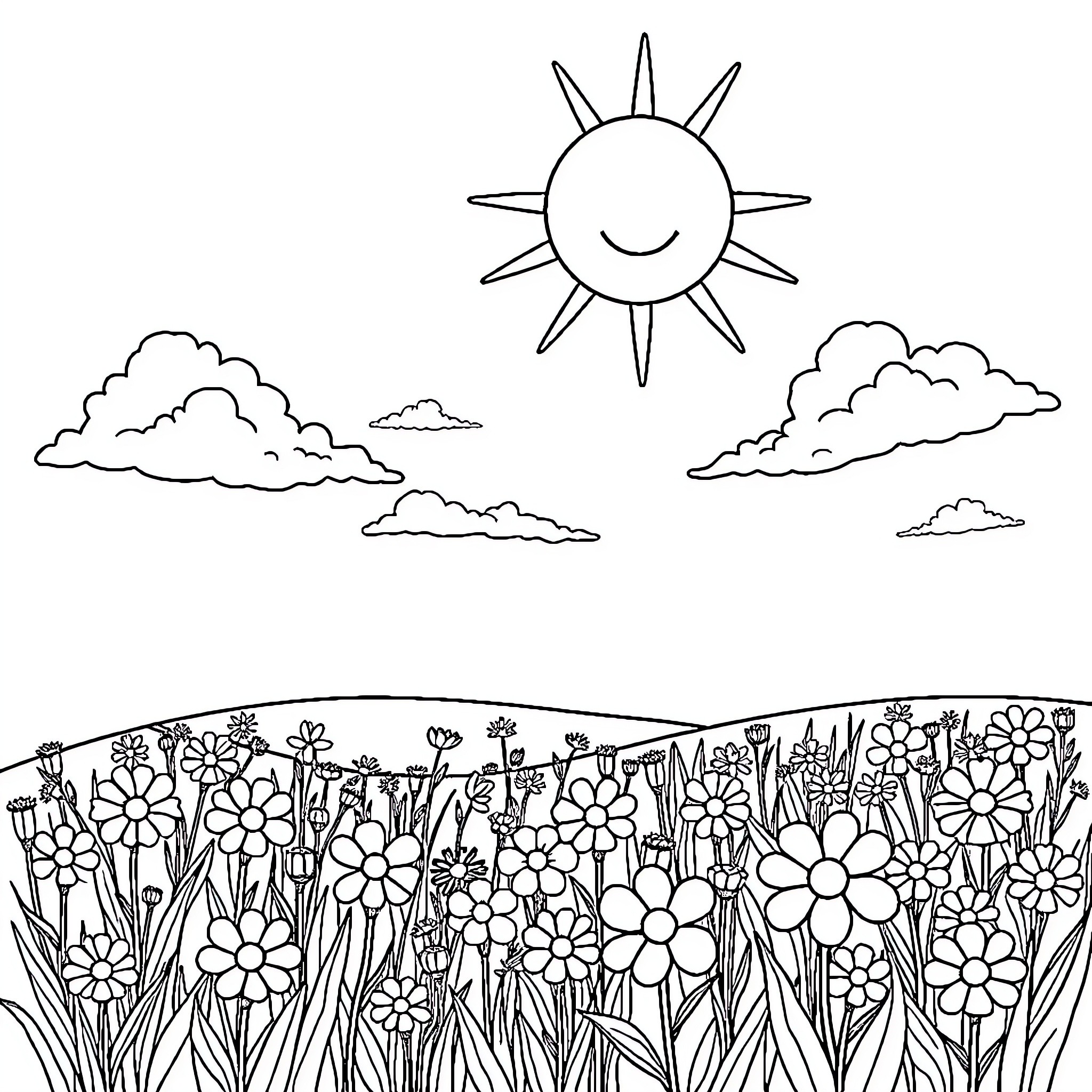 Sun shining brightly over a floral meadow Coloring Page (free black-and-white line drawing printable PDF for all, from beginners to advanced learners, including children, teens, adults, and seniors)