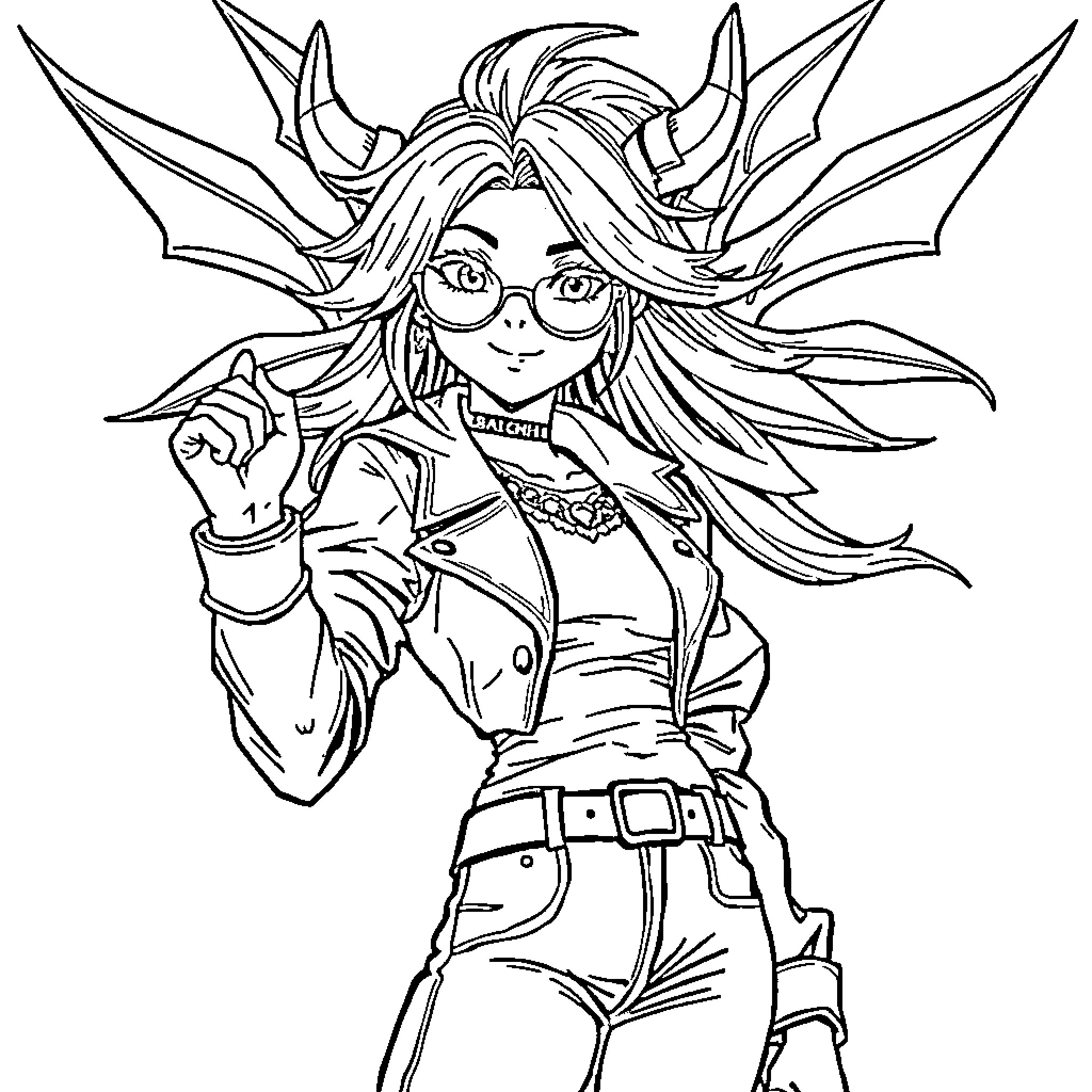 Rumi's Eccentric Anime-Inspired Outfit Coloring Page (free black-and-white line drawing printable PDF for all, from beginners to advanced learners, including children, teens, adults, and seniors)