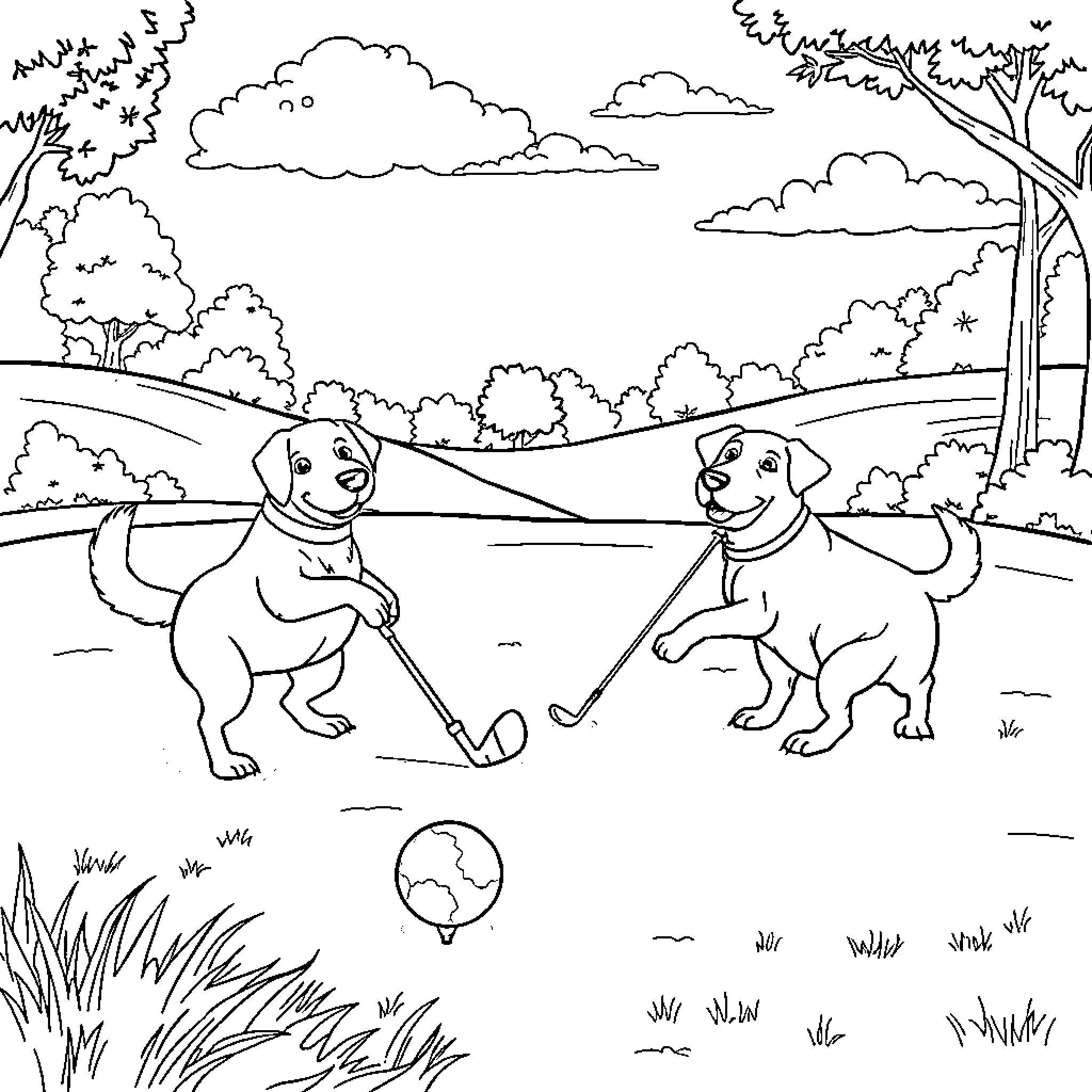 Dogs playing joyfully with ball in nature Coloring Page (free black-and-white line drawing printable PDF for all, from beginners to advanced learners, including children, teens, adults, and seniors)