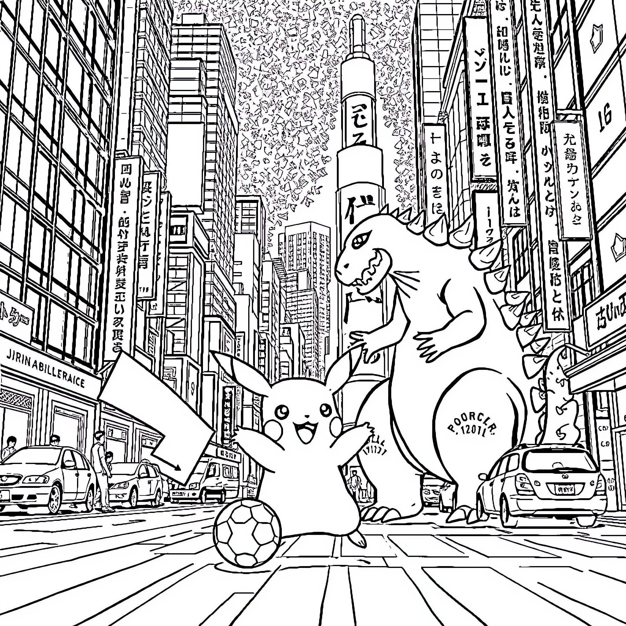 Pikachu and Charizard playing in the city Coloring Page (free black-and-white line drawing printable PDF for all, from beginners to advanced learners, including children, teens, adults, and seniors)