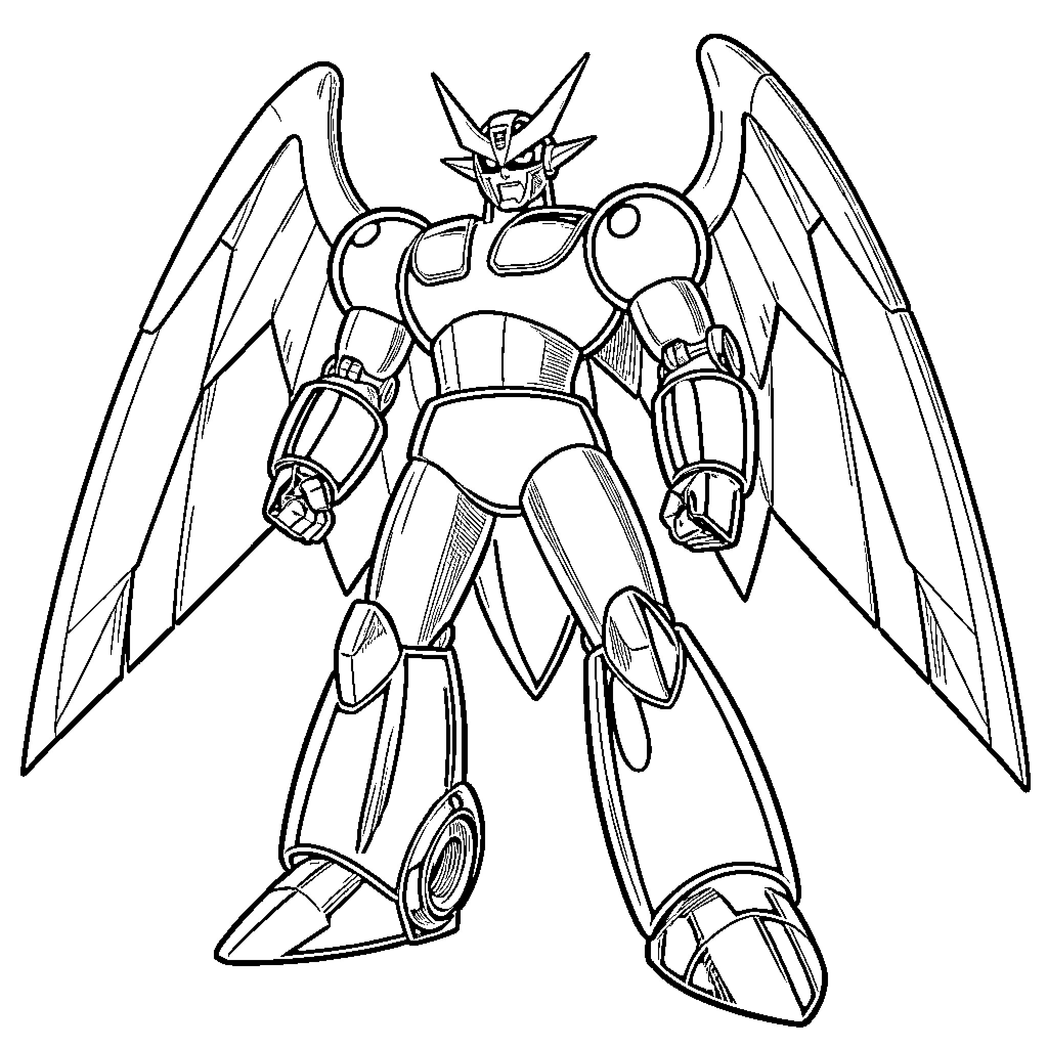 Mazinger Z standing heroically with large outstretched wings Coloring Page (free black-and-white line drawing printable PDF for all, from beginners to advanced learners, including children, teens, adults, and seniors)