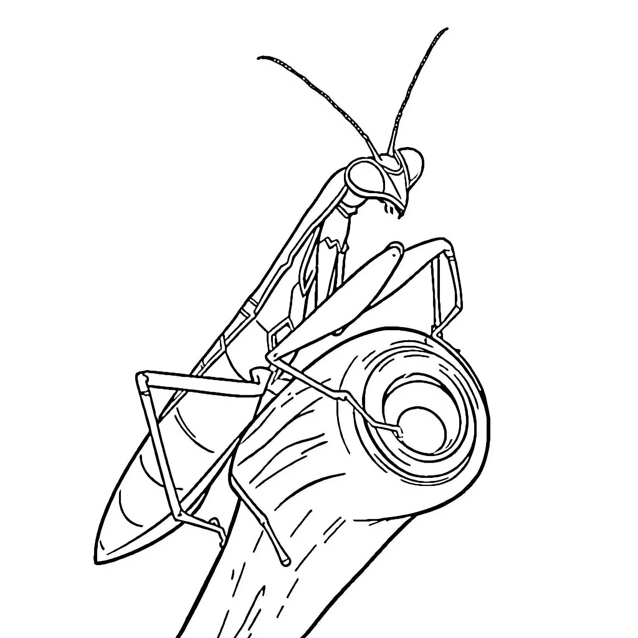 Praying Mantis striking a pose Coloring Page (free black-and-white line drawing printable PDF for all, from beginners to advanced learners, including children, teens, adults, and seniors)