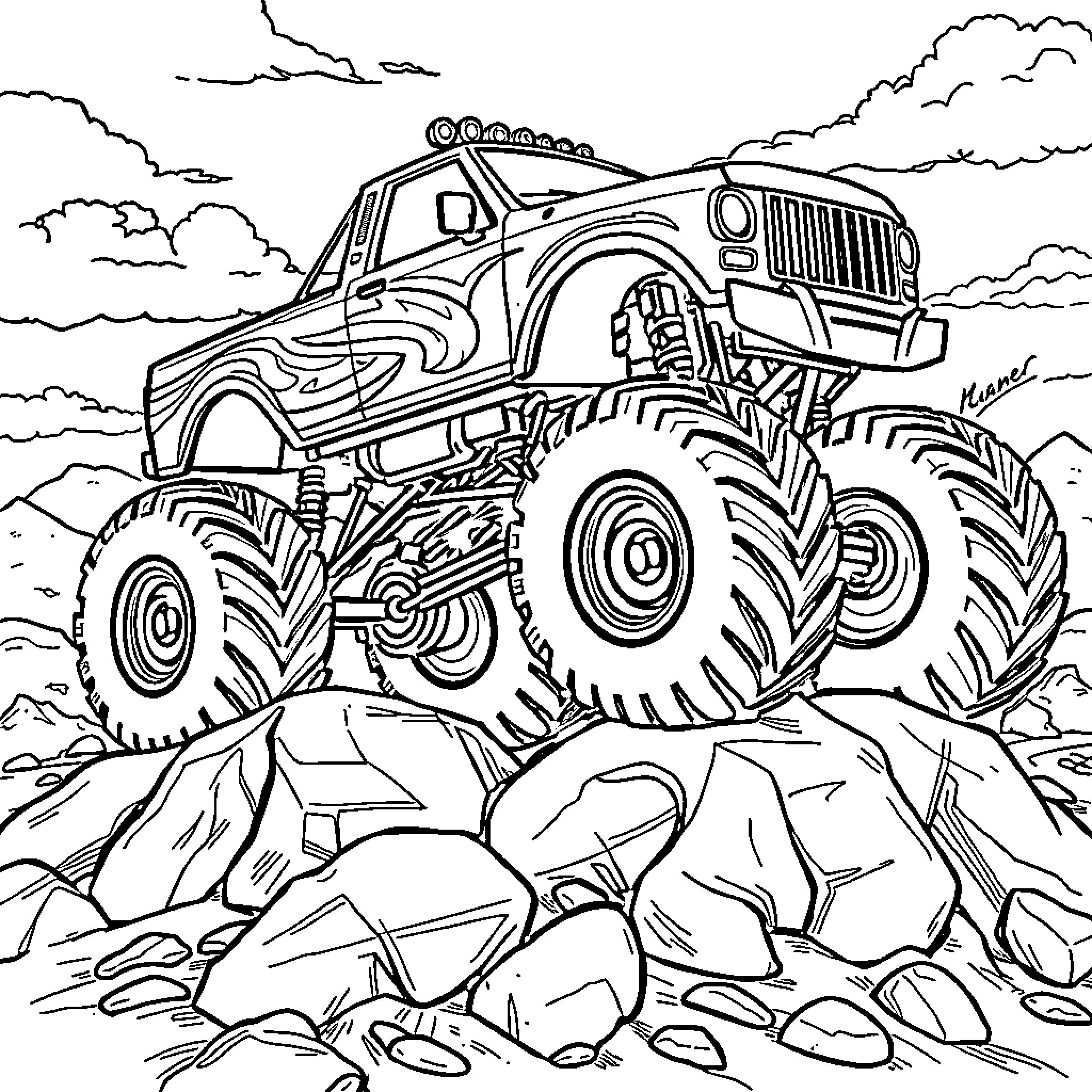 Monster Truck Conquering Rocky Terrain Coloring Page (free black-and-white line drawing printable PDF for all, from beginners to advanced learners, including children, teens, adults, and seniors)