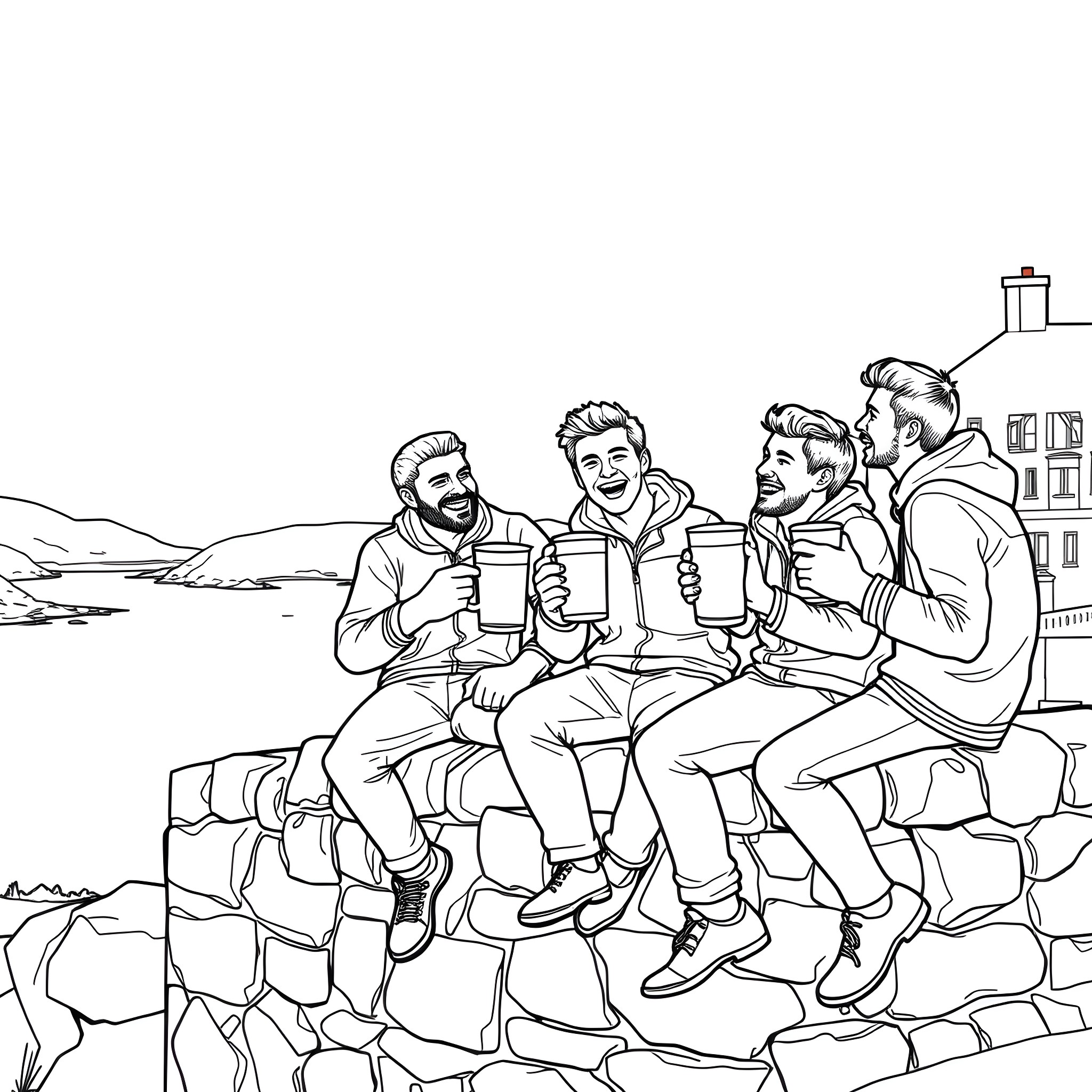 Lads enjoying drinks with scenic views Coloring Page (free black-and-white line drawing printable PDF for all, from beginners to advanced learners, including children, teens, adults, and seniors)