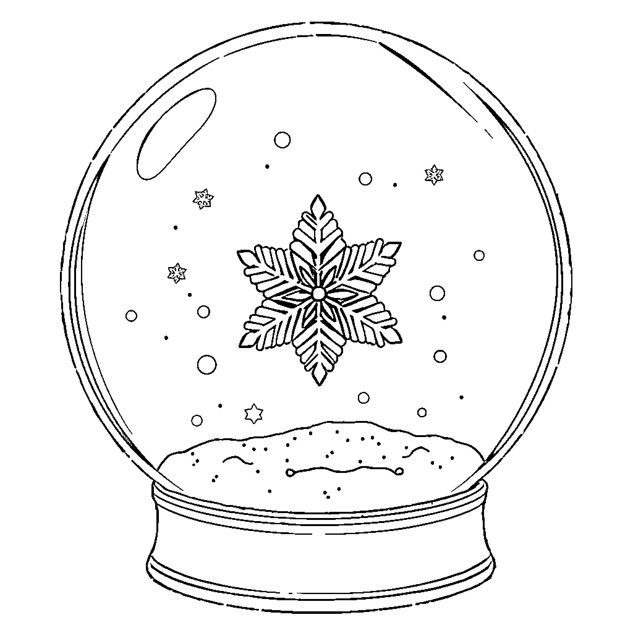 Snowflake in Winter Snow Globe Coloring Page (free black-and-white line drawing printable PDF for all, from beginners to advanced learners, including children, teens, adults, and seniors)