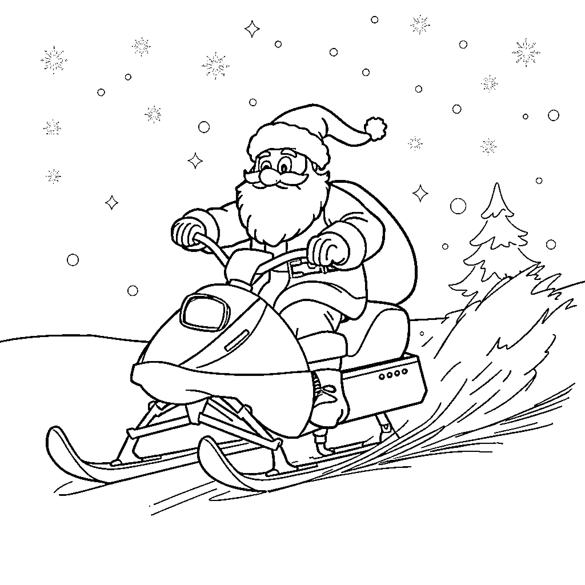 Santa riding a snowmobile in the winter wonderland Coloring Page (free black-and-white line drawing printable PDF for all, from beginners to advanced learners, including children, teens, adults, and seniors)