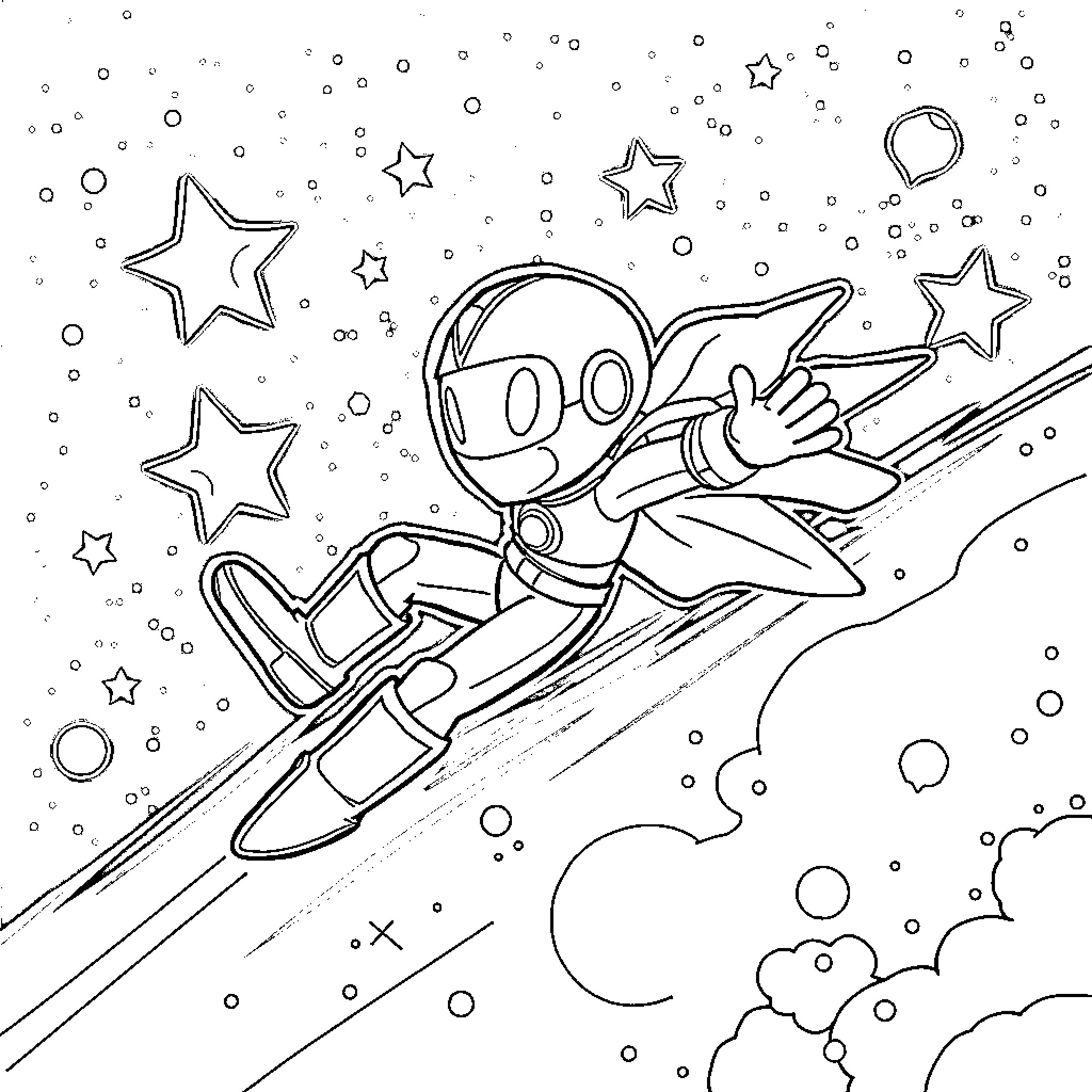 Speederman zooming through the cosmic stars Coloring Page (free black-and-white line drawing printable PDF for all, from beginners to advanced learners, including children, teens, adults, and seniors)