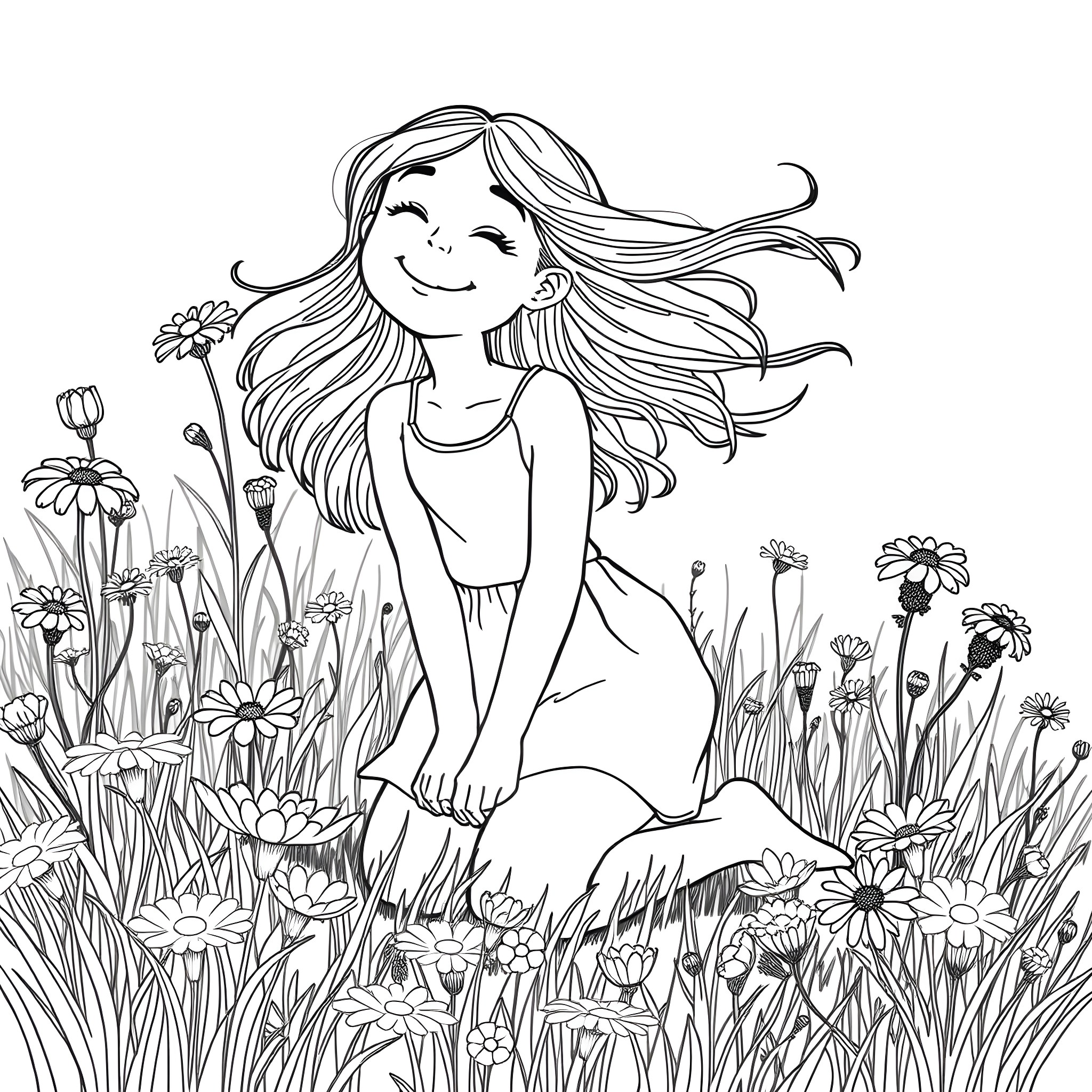 Girl enjoying nature in the meadow Coloring Page (free black-and-white line drawing printable PDF for all, from beginners to advanced learners, including children, teens, adults, and seniors)