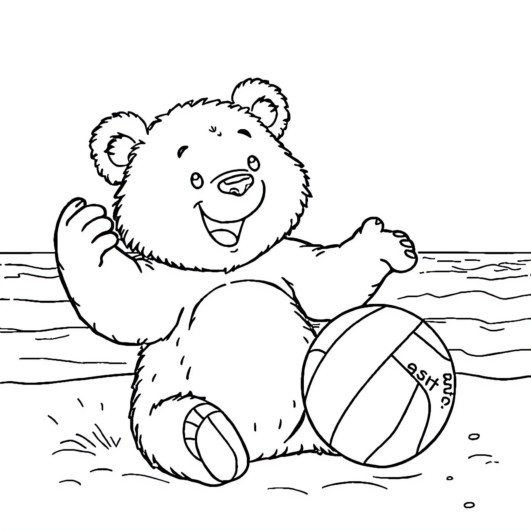 Bear playing with a ball on the beach Coloring Page (free black-and-white line drawing printable PDF for all, from beginners to advanced learners, including children, teens, adults, and seniors)