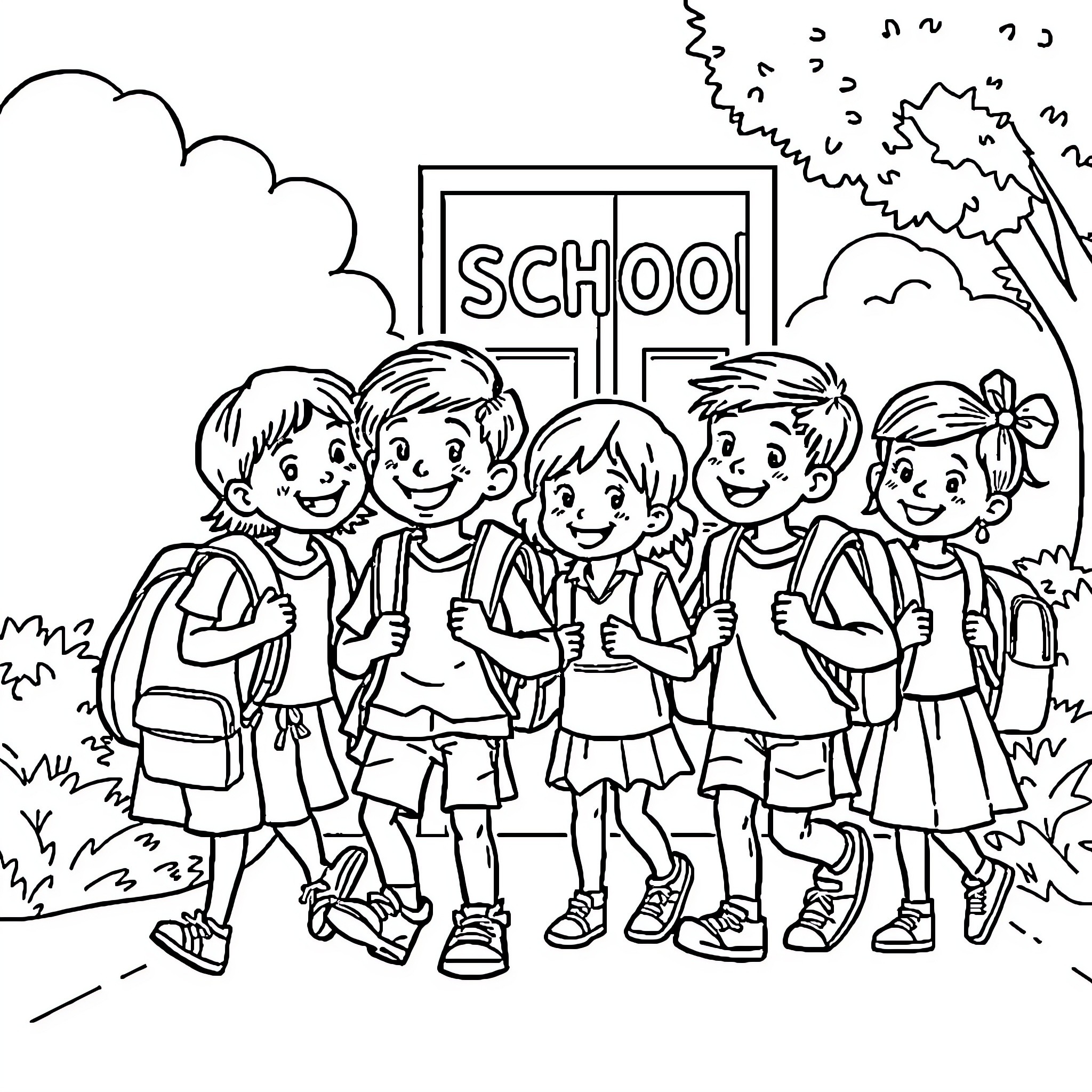 Back to School: Happy Students Heading to Class Coloring Page (free black-and-white line drawing printable PDF for all, from beginners to advanced learners, including children, teens, adults, and seniors)