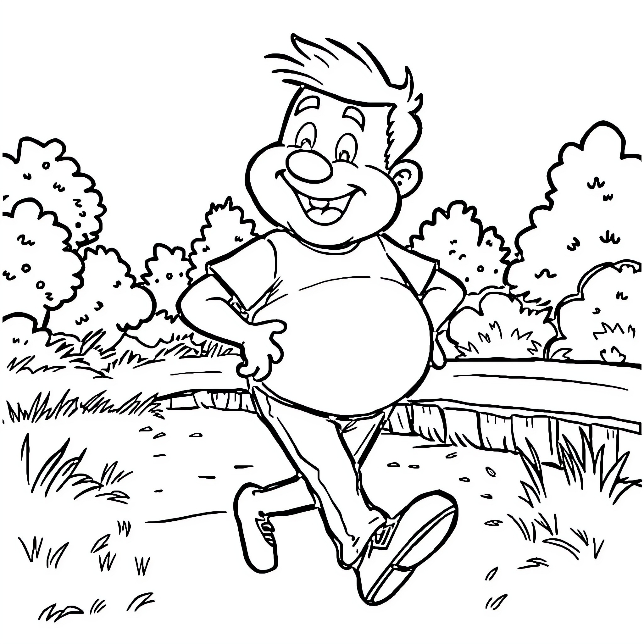 Mr Wobble running cheerfully through the forest Coloring Page (free black-and-white line drawing printable PDF for all, from beginners to advanced learners, including children, teens, adults, and seniors)