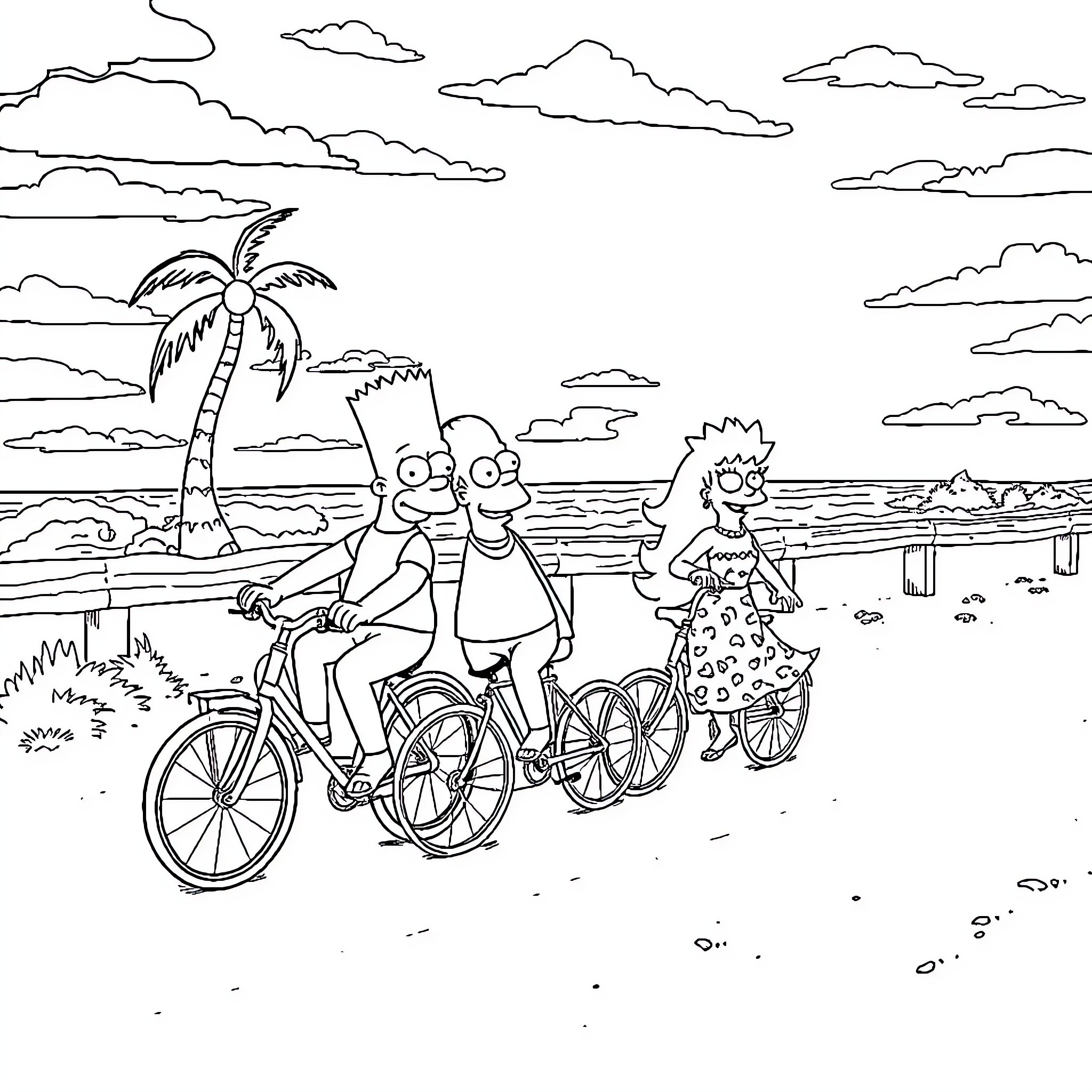 Simpson family enjoying bike ride by the beach Coloring Page (free black-and-white line drawing printable PDF for all, from beginners to advanced learners, including children, teens, adults, and seniors)