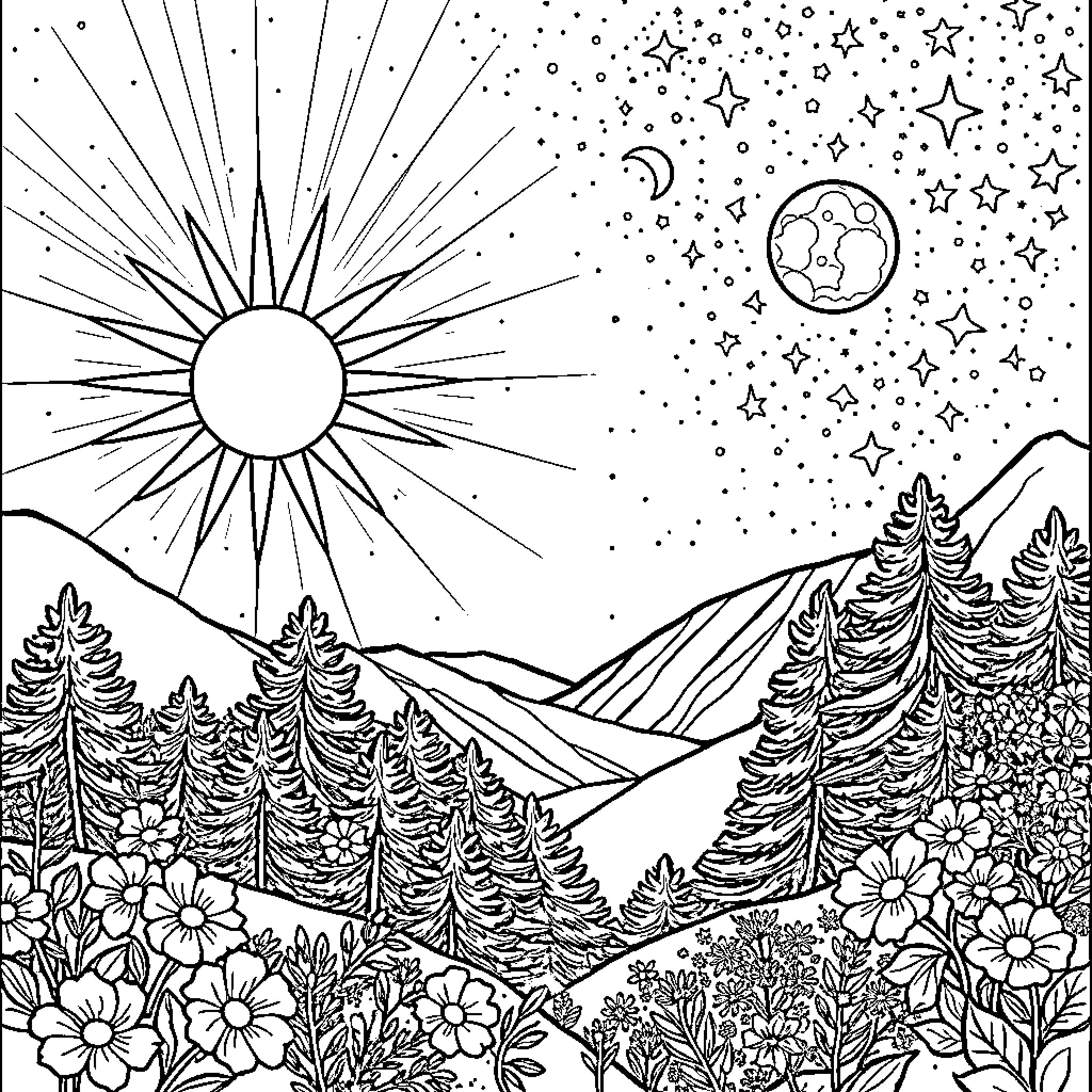 Sun Moon Star Nature Landscape Illustration Coloring Page (free black-and-white line drawing printable PDF for all, from beginners to advanced learners, including children, teens, adults, and seniors)