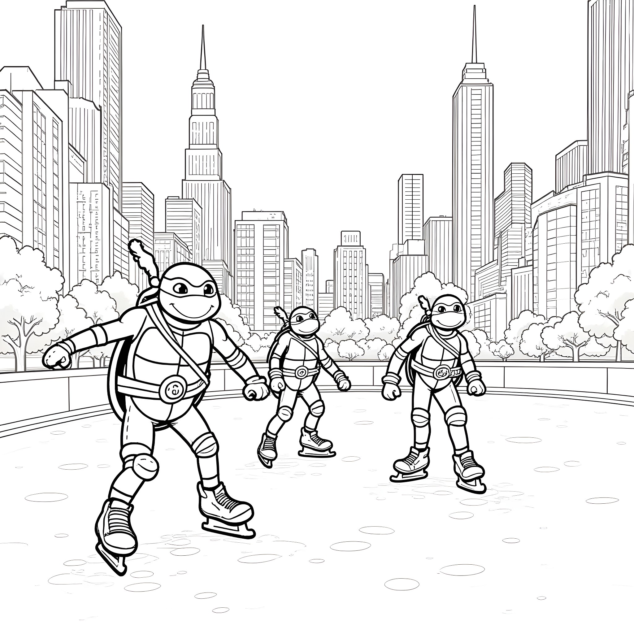 Ninja Turtles roller skating in the city Coloring Page (free black-and-white line drawing printable PDF for all, from beginners to advanced learners, including children, teens, adults, and seniors)