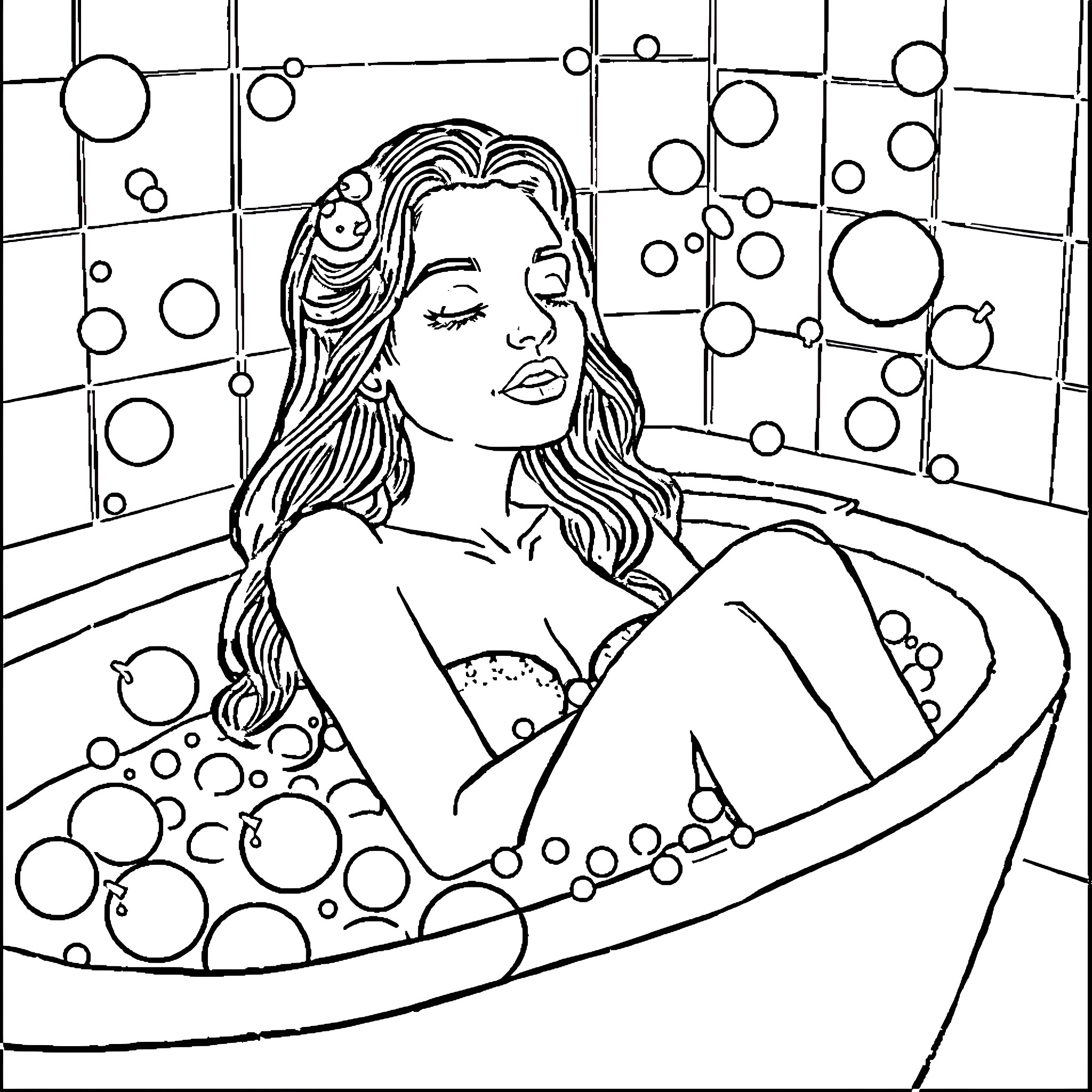Sydney Sweeney enjoying a relaxing bath Coloring Page (free black-and-white line drawing printable PDF for all, from beginners to advanced learners, including children, teens, adults, and seniors)