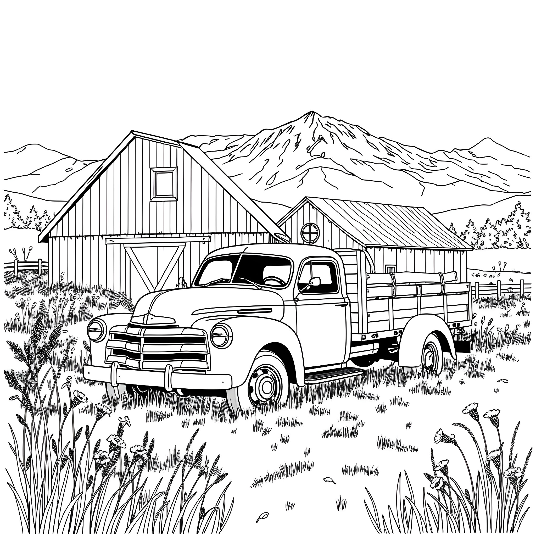 Truck parked near rustic barn in countryside Coloring Page (free black-and-white line drawing printable PDF for all, from beginners to advanced learners, including children, teens, adults, and seniors)