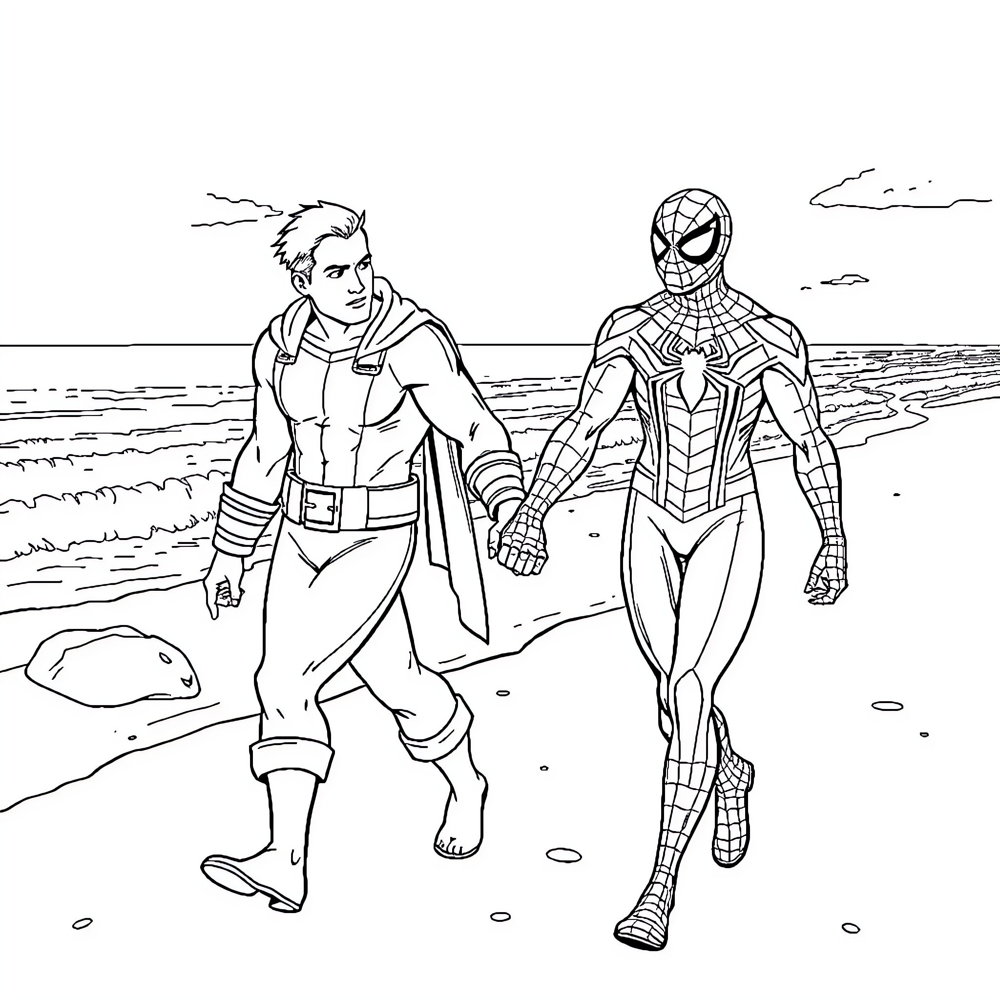 Heman and Spider-Man adventure on the beach Coloring Page (free black-and-white line drawing printable PDF for all, from beginners to advanced learners, including children, teens, adults, and seniors)