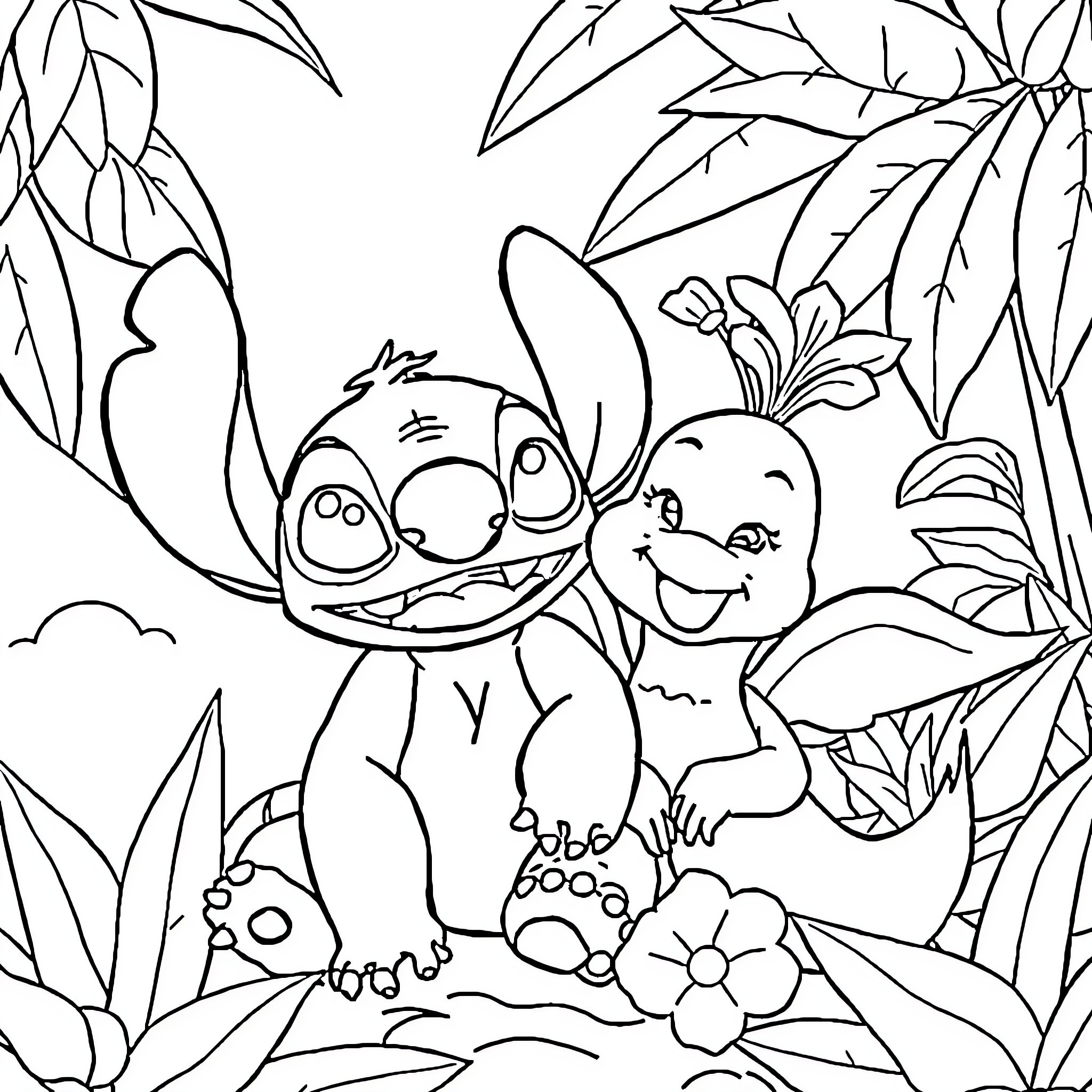 Stitch and Angel playing in the jungle Coloring Page (free black-and-white line drawing printable PDF for all, from beginners to advanced learners, including children, teens, adults, and seniors)