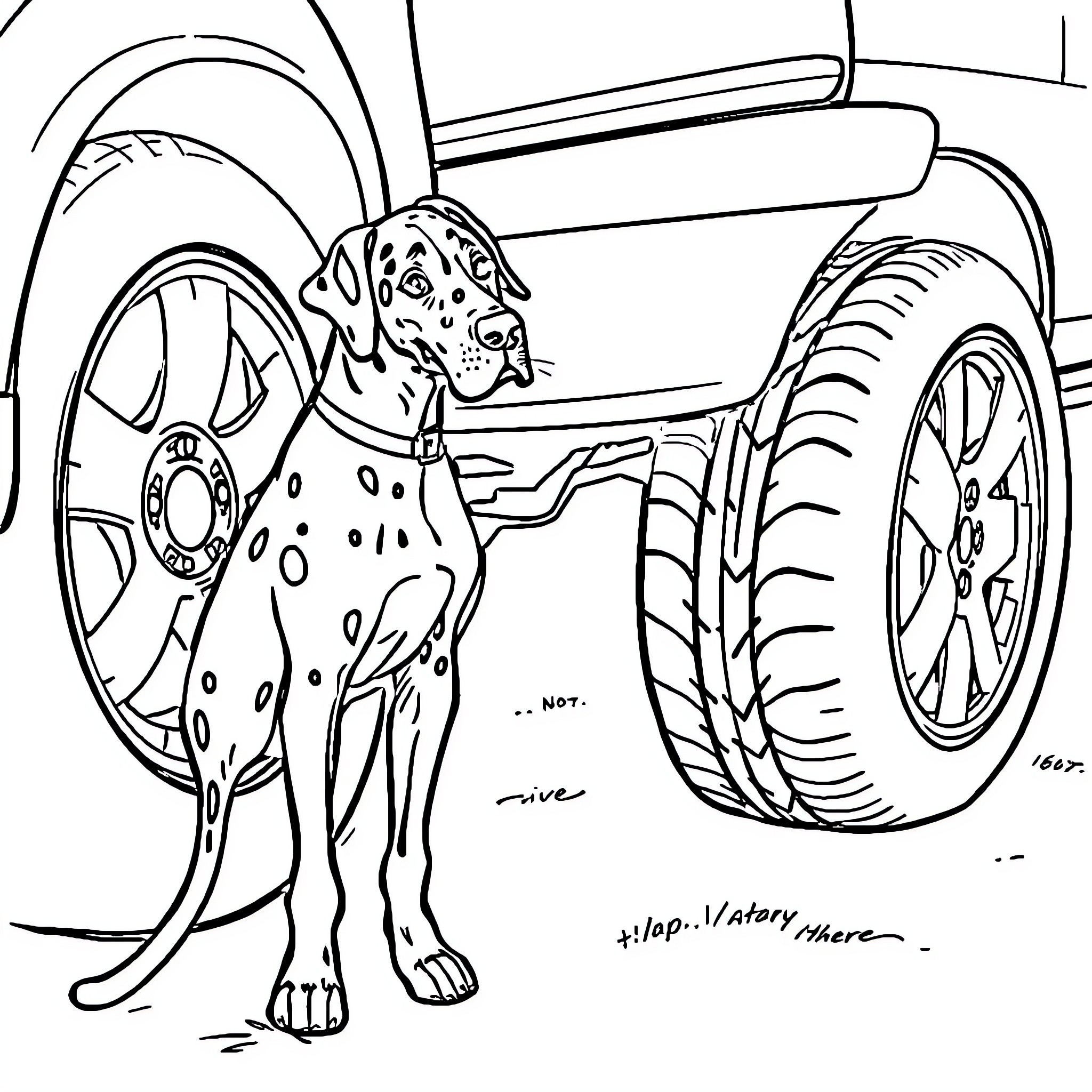 Great Dane guarding a vehicle Coloring Page (free black-and-white line drawing printable PDF for all, from beginners to advanced learners, including children, teens, adults, and seniors)