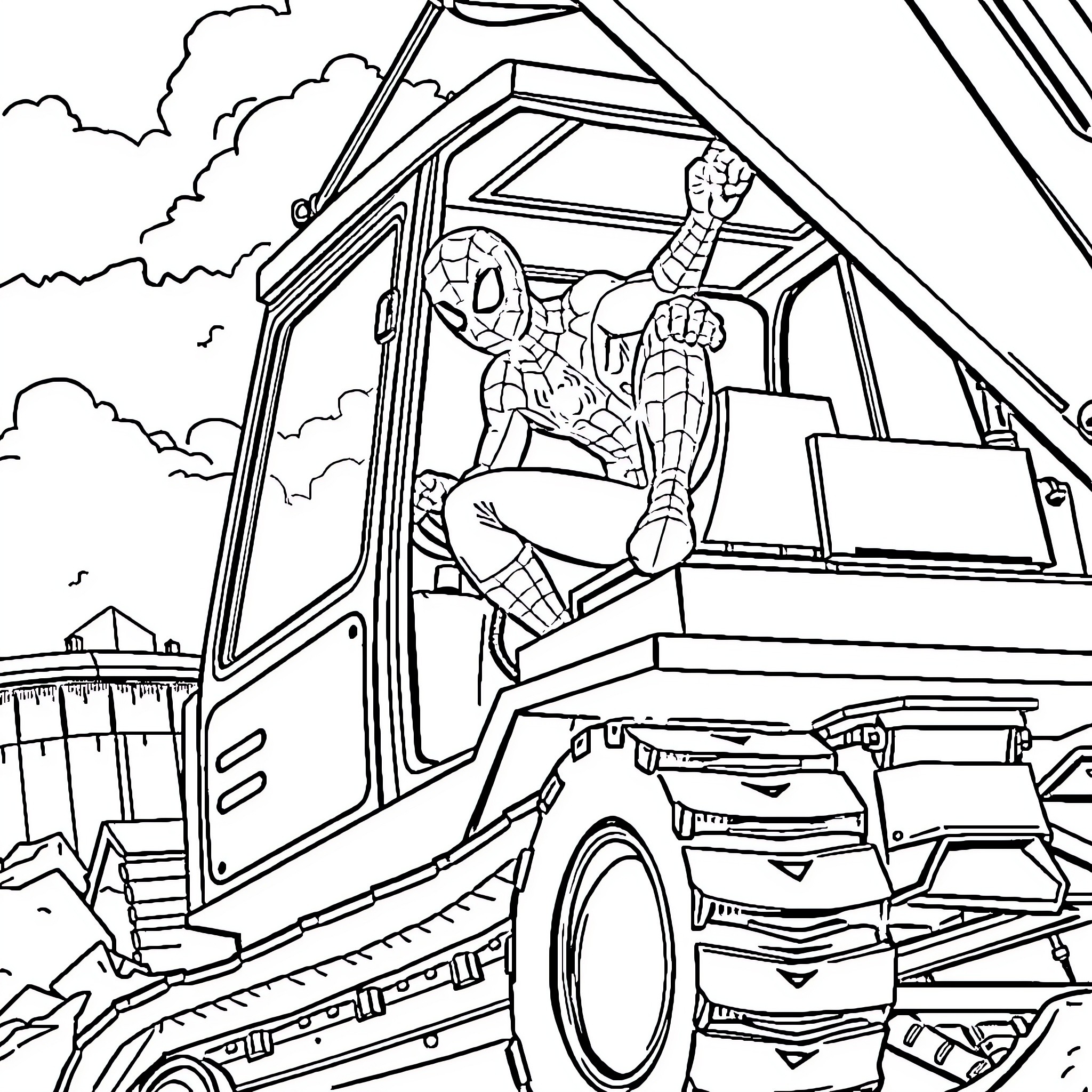 Spider-Man swinging through the city on a vehicle Coloring Page (free black-and-white line drawing printable PDF for all, from beginners to advanced learners, including children, teens, adults, and seniors)