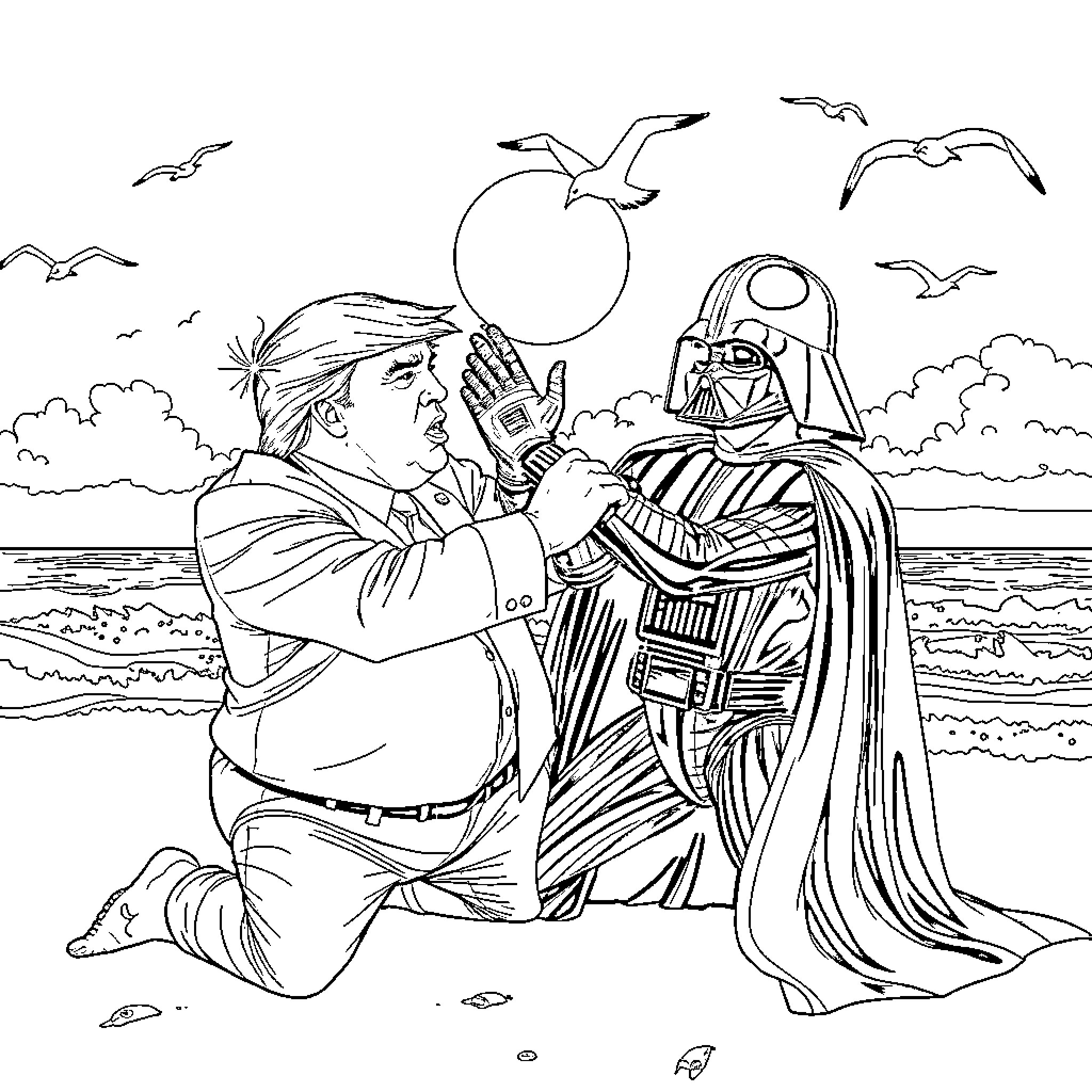 Donald Trump Confronts Darth Vader on the Beach Coloring Page (free black-and-white line drawing printable PDF for all, from beginners to advanced learners, including children, teens, adults, and seniors)