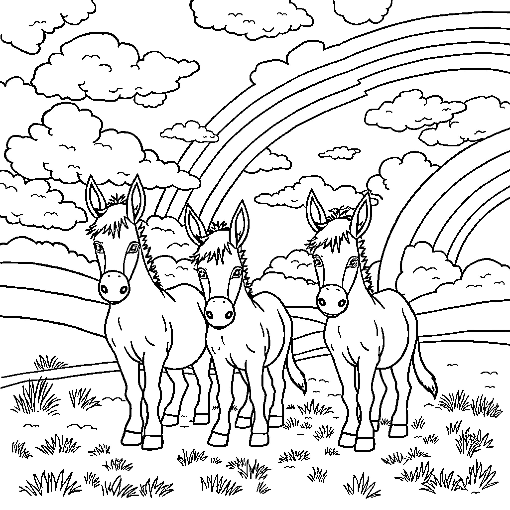 Donkey trio admiring rainbows in the countryside Coloring Page (free black-and-white line drawing printable PDF for all, from beginners to advanced learners, including children, teens, adults, and seniors)