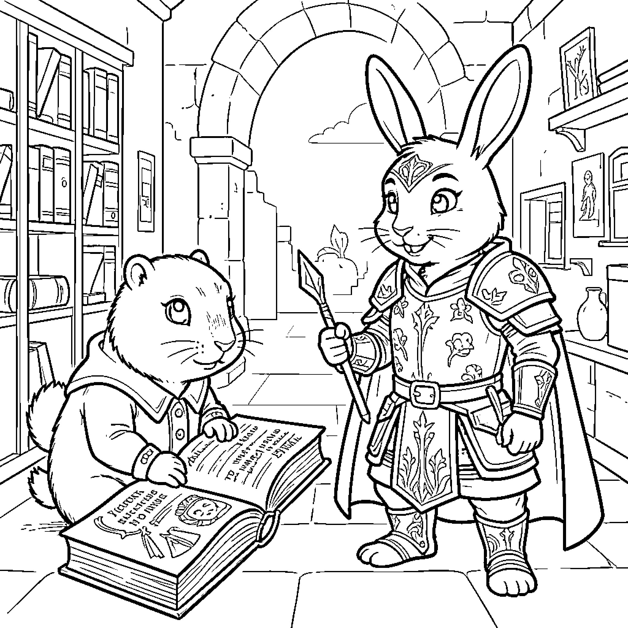 Marmot reading a book with a knight rabbit Coloring Page (free black-and-white line drawing printable PDF for all, from beginners to advanced learners, including children, teens, adults, and seniors)