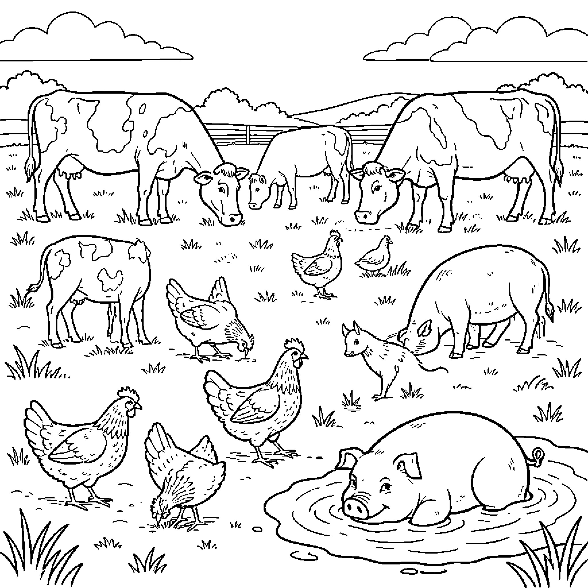 Farm Animals Enjoying a Day on the Farm Coloring Page (free black-and-white line drawing printable PDF for all, from beginners to advanced learners, including children, teens, adults, and seniors)