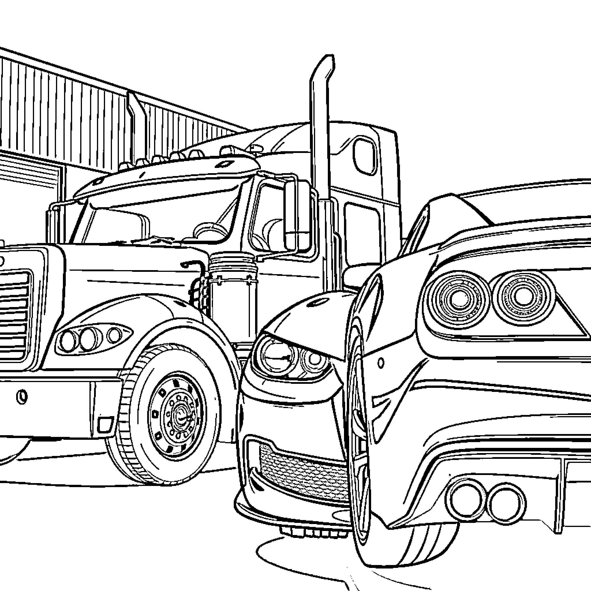 Truck and Car in Collision Scene Coloring Page (free black-and-white line drawing printable PDF for all, from beginners to advanced learners, including children, teens, adults, and seniors)
