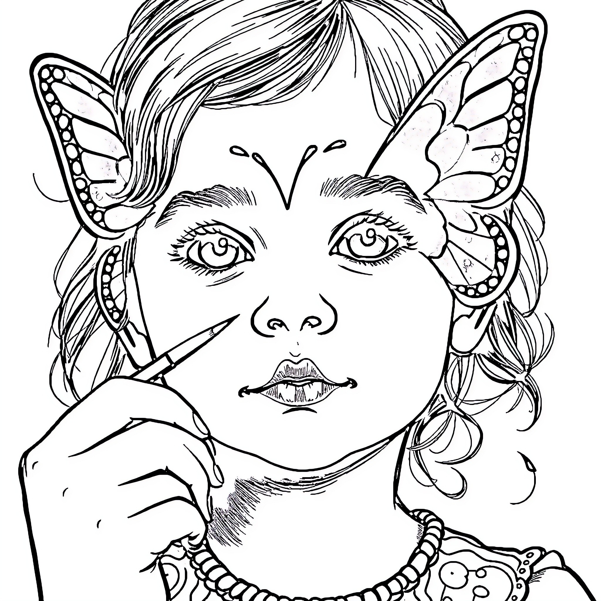Wand-wielding fairy with intricate butterfly wings Coloring Page (free black-and-white line drawing printable PDF for all, from beginners to advanced learners, including children, teens, adults, and seniors)