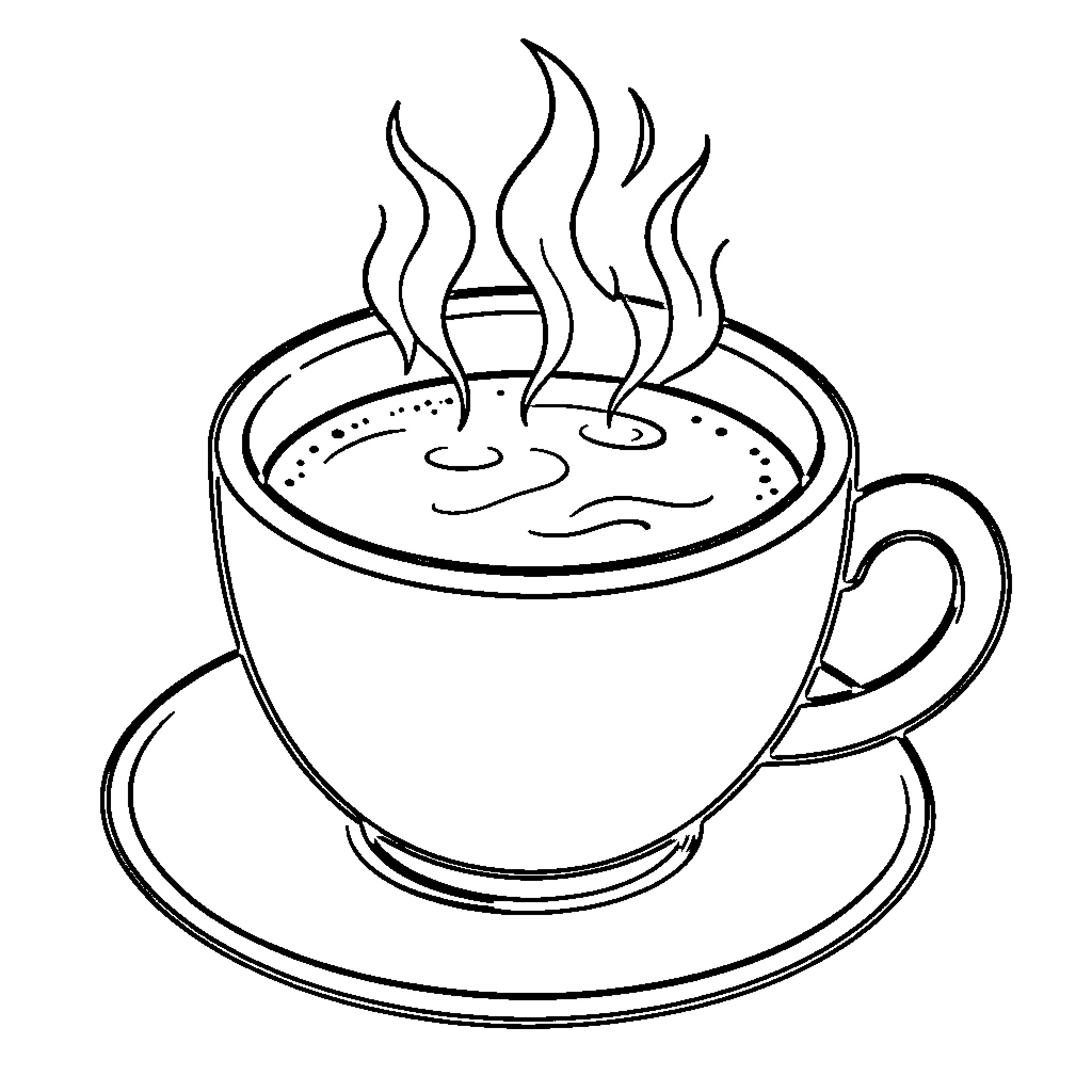 Cup of hot steaming beverage on a saucer Coloring Page (free black-and-white line drawing printable PDF for all, from beginners to advanced learners, including children, teens, adults, and seniors)