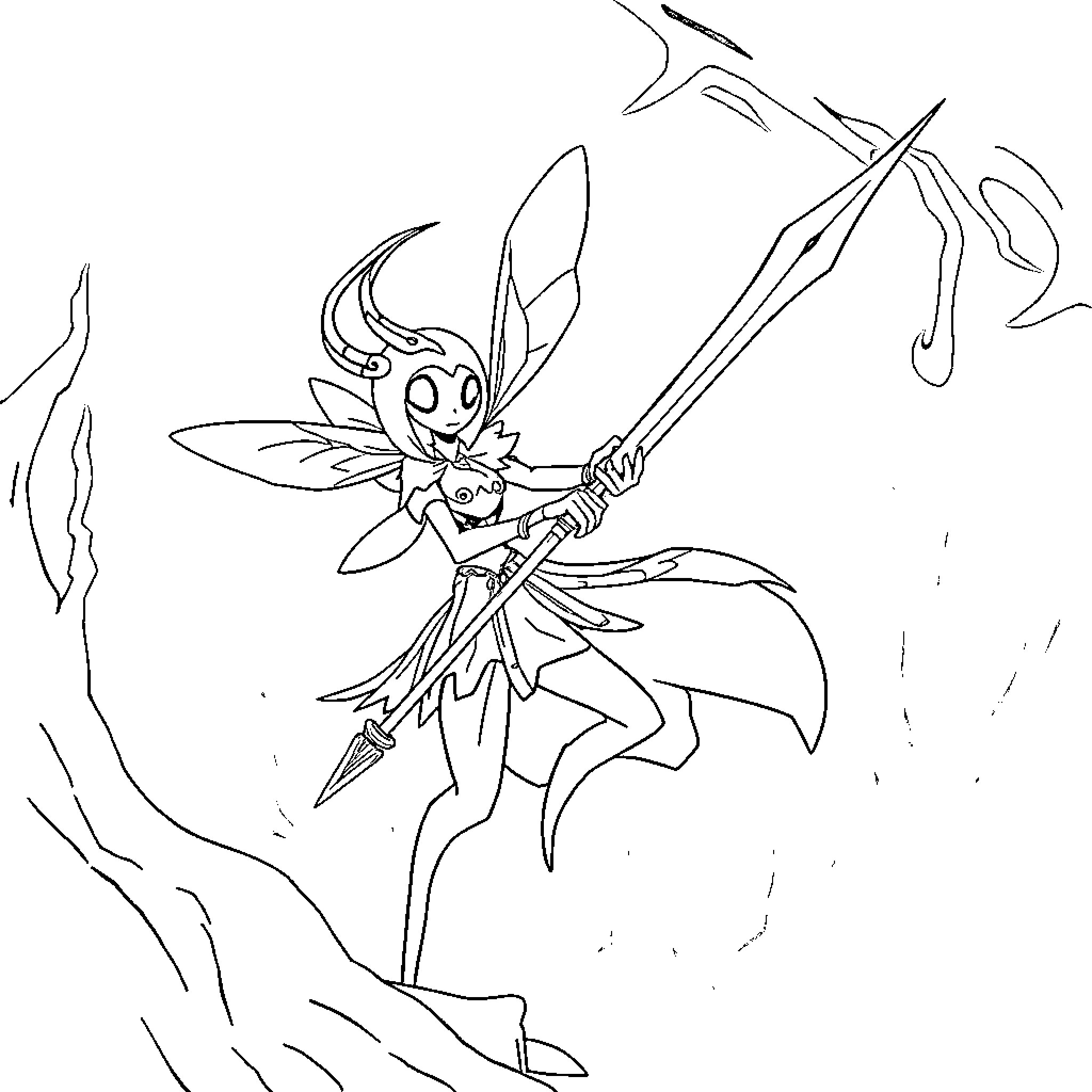 Hornet Warrior with Fierce Expression Brandishing Weapon Coloring Page (free black-and-white line drawing printable PDF for all, from beginners to advanced learners, including children, teens, adults, and seniors)