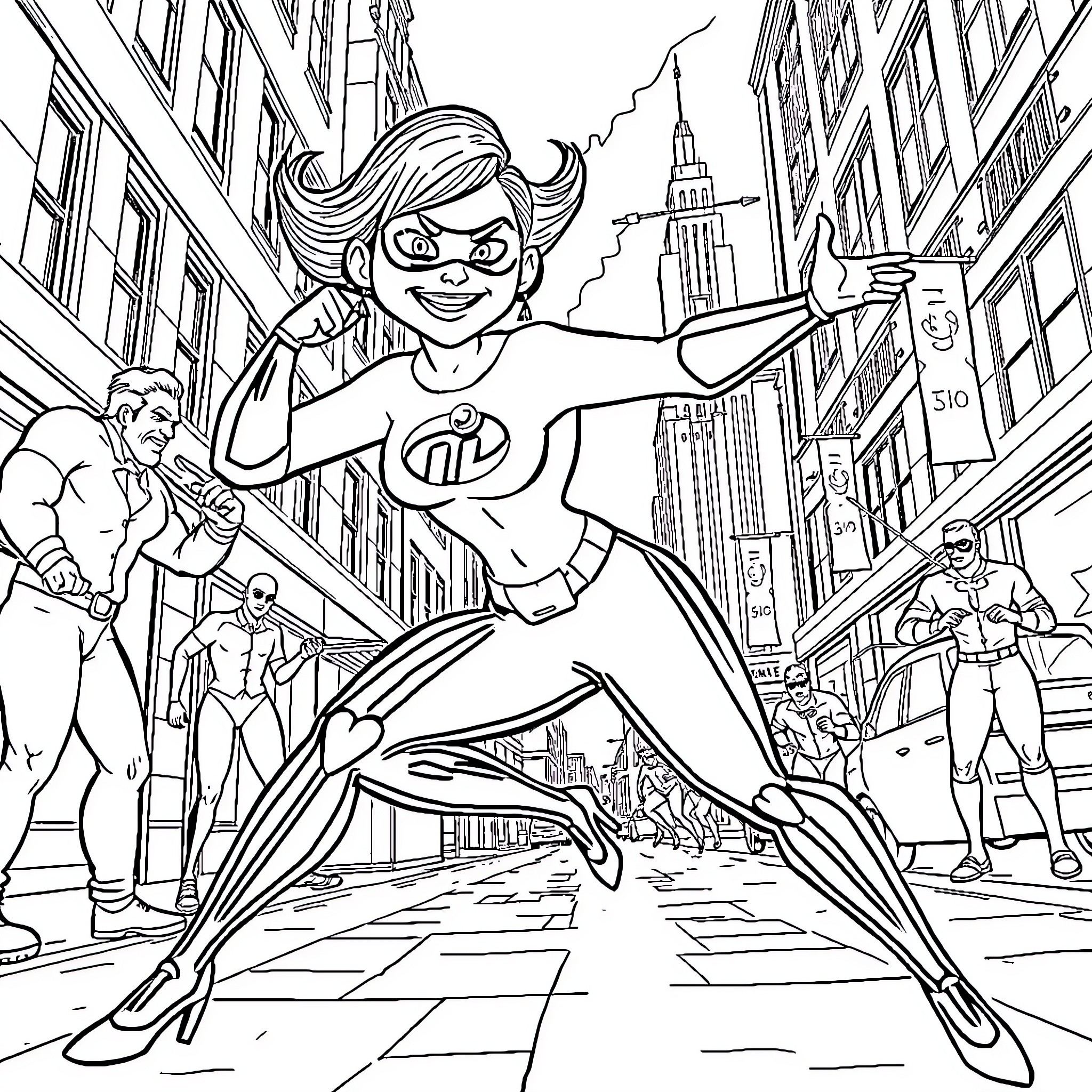 Mrs. Incredible's heroic actions in the city Coloring Page (free black-and-white line drawing printable PDF for all, from beginners to advanced learners, including children, teens, adults, and seniors)