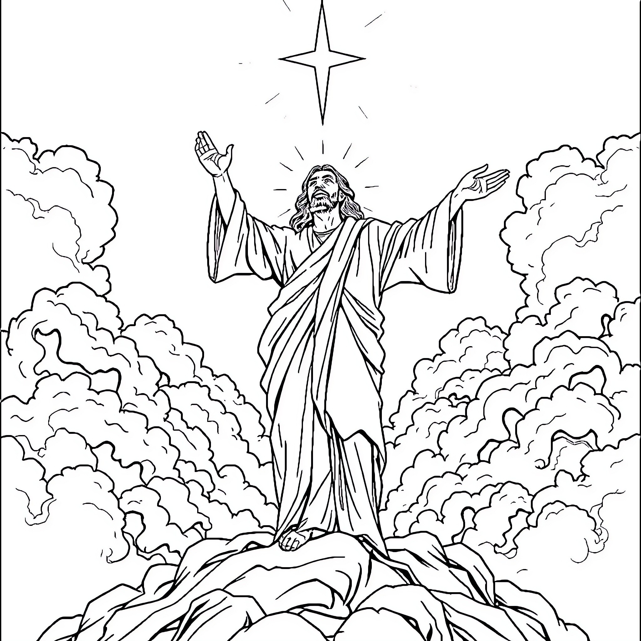 Jesus ascending to the heavens in glory Coloring Page (free black-and-white line drawing printable PDF for all, from beginners to advanced learners, including children, teens, adults, and seniors)