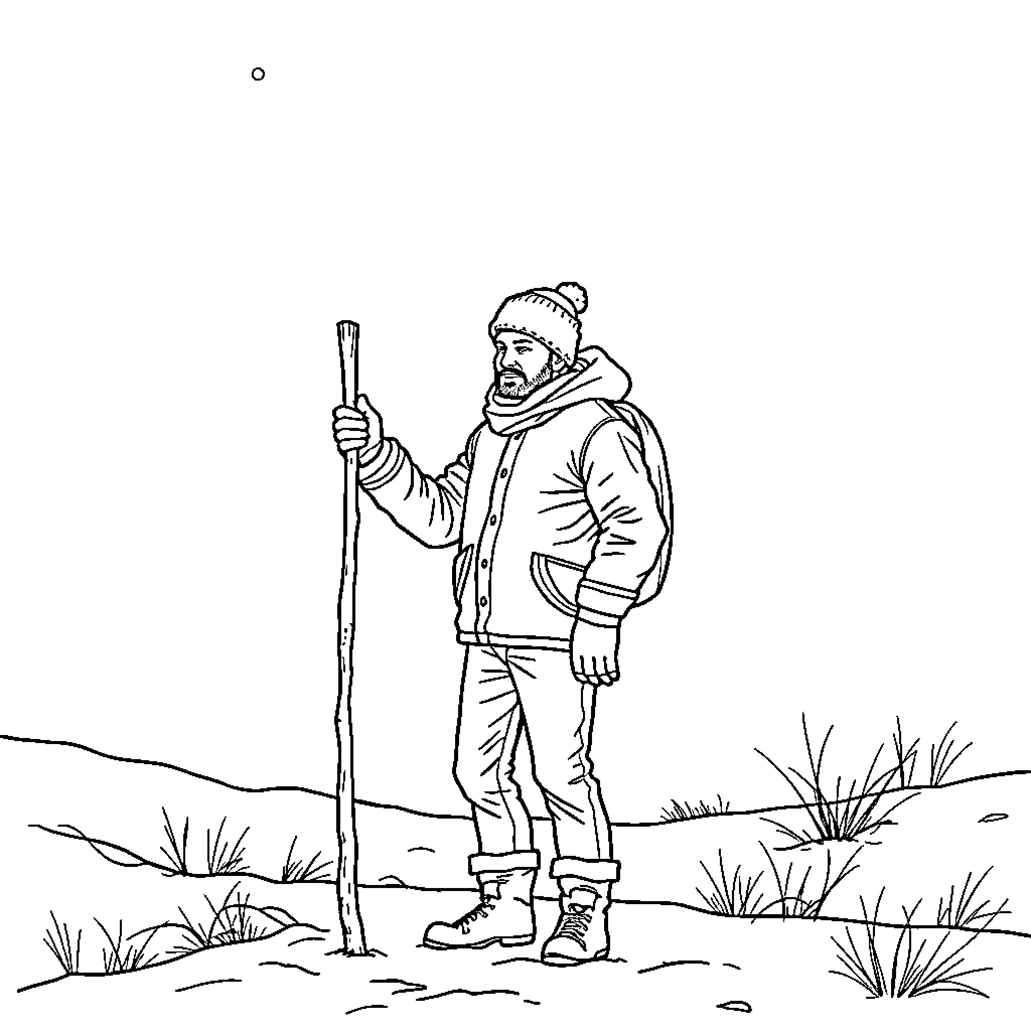 Man standing in winter landscape with walking stick Coloring Page (free black-and-white line drawing printable PDF for all, from beginners to advanced learners, including children, teens, adults, and seniors)