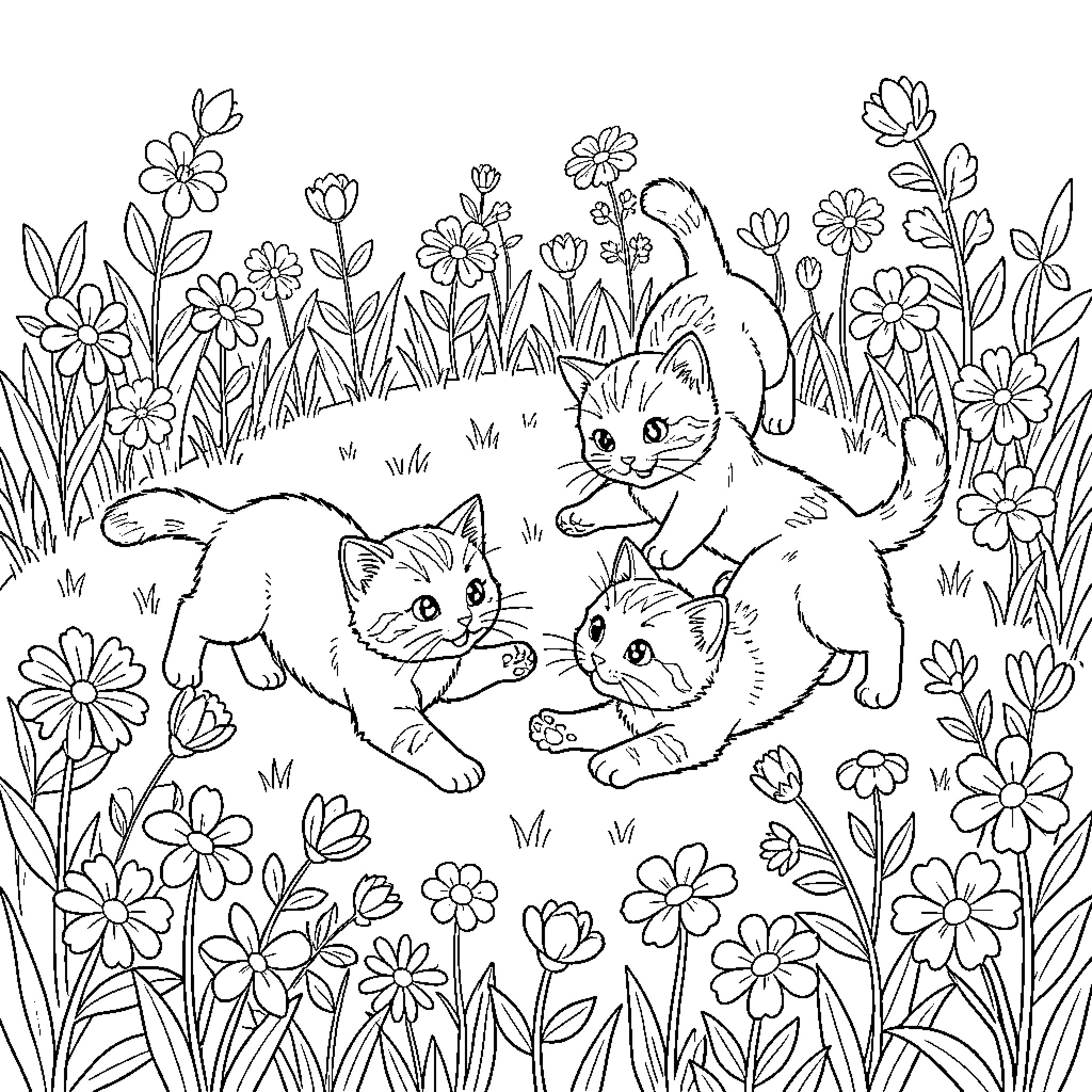 Kitten friends playing together in a flowery meadow Coloring Page (free black-and-white line drawing printable PDF for all, from beginners to advanced learners, including children, teens, adults, and seniors)