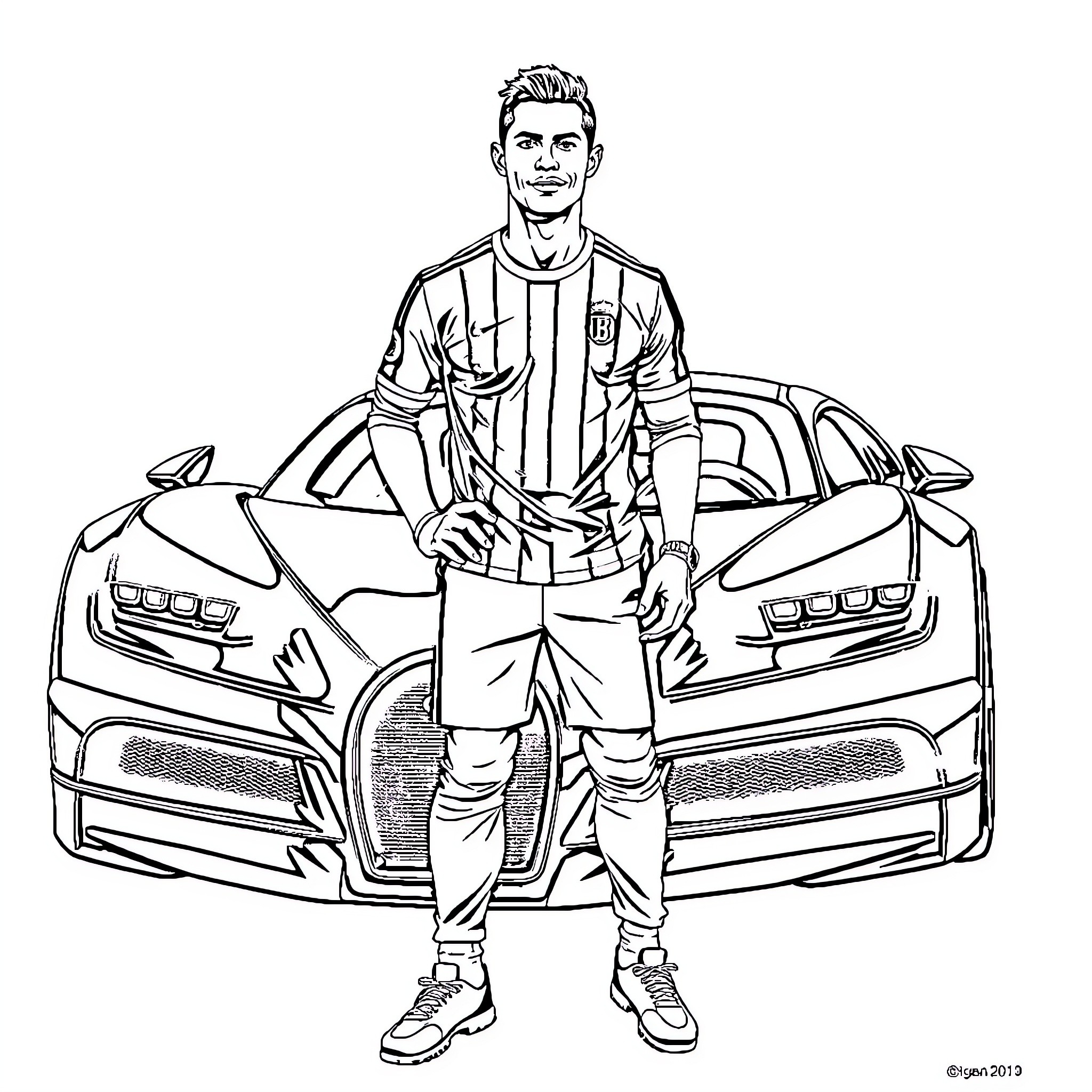Ronaldo posing confidently with a sports car Coloring Page (free black-and-white line drawing printable PDF for all, from beginners to advanced learners, including children, teens, adults, and seniors)