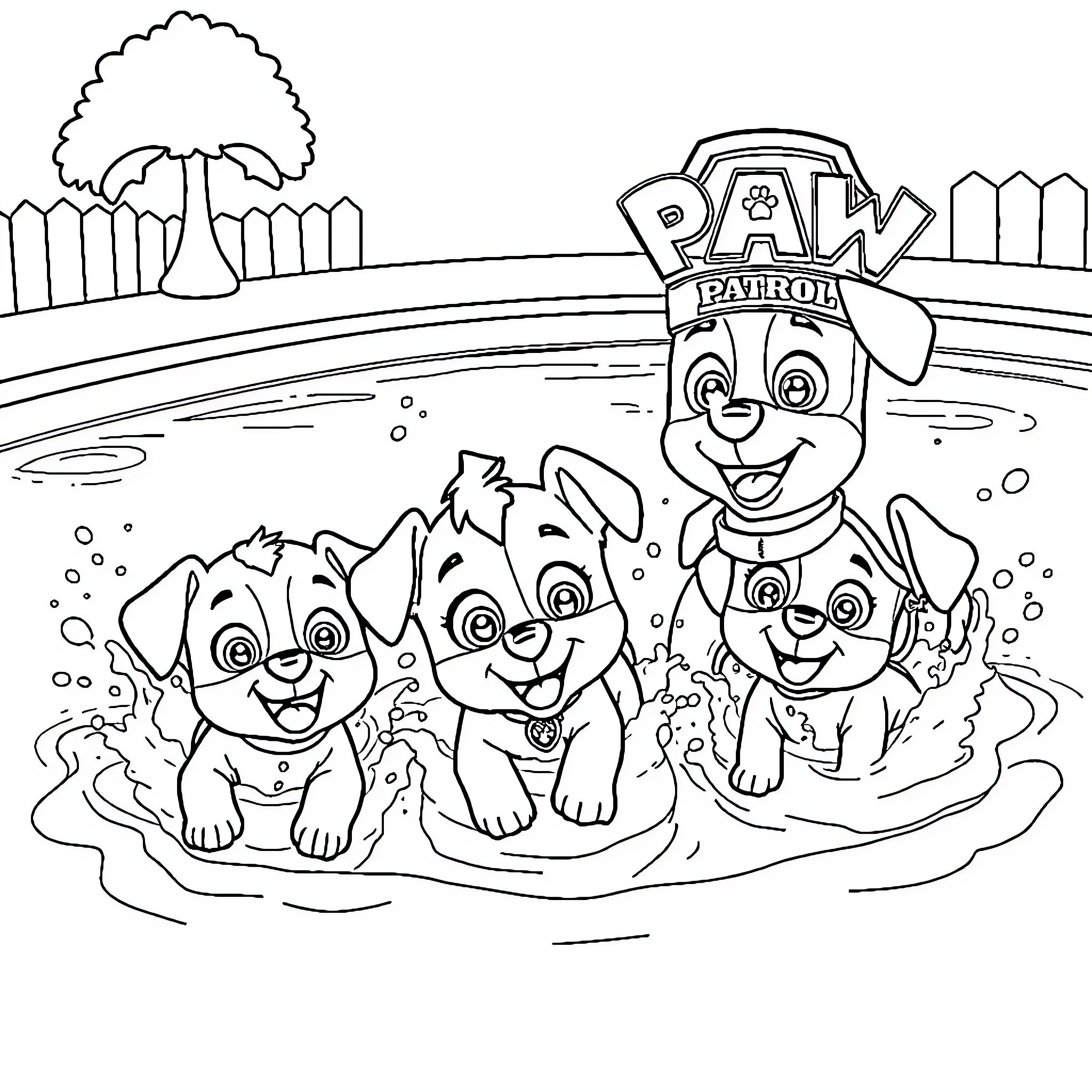 Paw Patrol Pups Playing in the Water Coloring Page (free black-and-white line drawing printable PDF for all, from beginners to advanced learners, including children, teens, adults, and seniors)