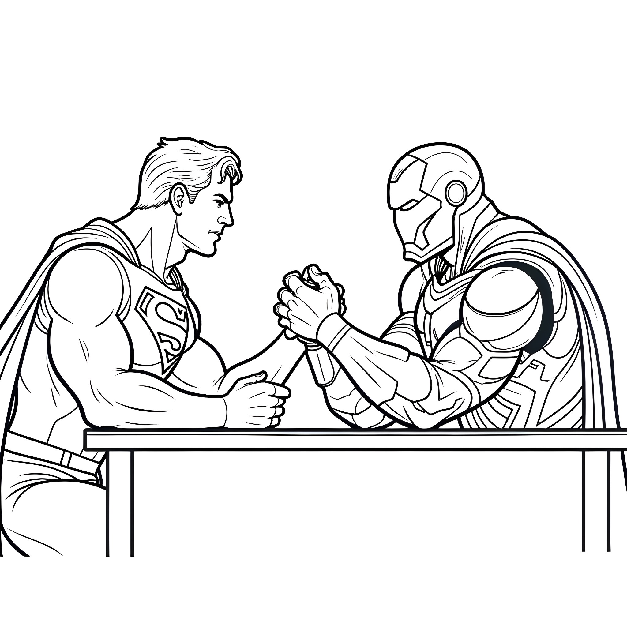 Superman and Iron Man arm wrestling Coloring Page (free black-and-white line drawing printable PDF for all, from beginners to advanced learners, including children, teens, adults, and seniors)