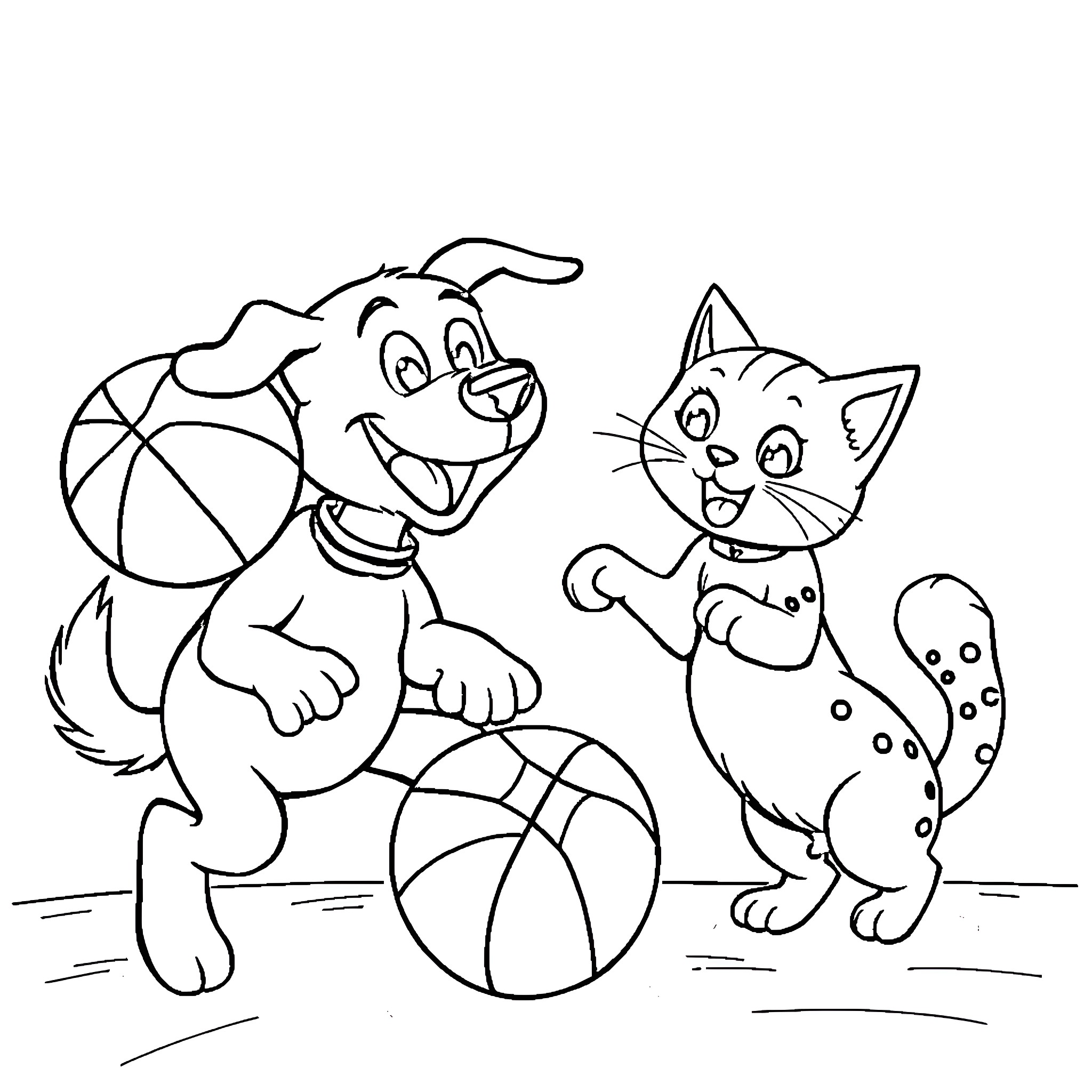 Dog and Cat Playing with Ball Coloring Page (free black-and-white line drawing printable PDF for all, from beginners to advanced learners, including children, teens, adults, and seniors)