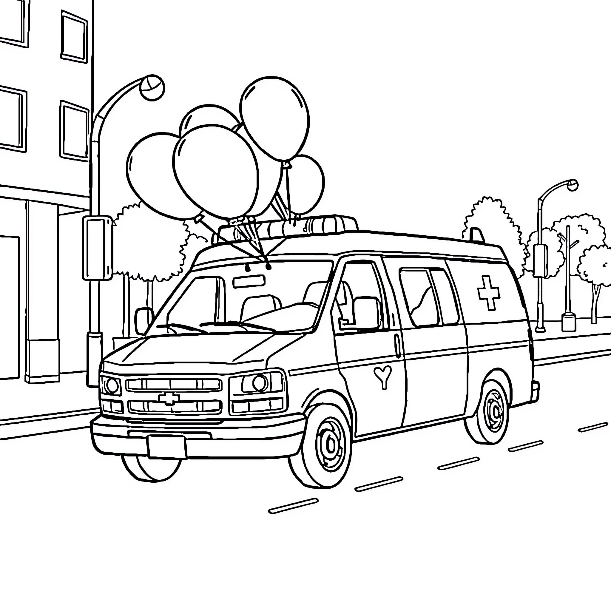 Ambulance with balloons transporting patients in city Coloring Page (free black-and-white line drawing printable PDF for all, from beginners to advanced learners, including children, teens, adults, and seniors)
