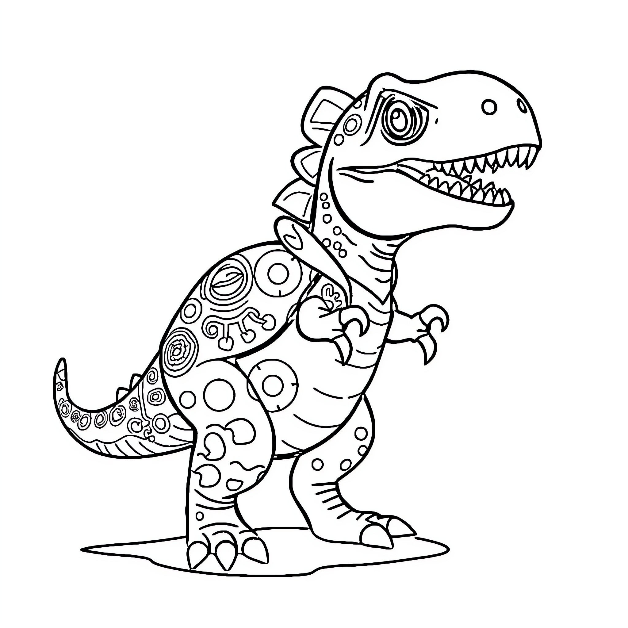 Dinosaur with patterned scales and open mouth Coloring Page (free black-and-white line drawing printable PDF for all, from beginners to advanced learners, including children, teens, adults, and seniors)