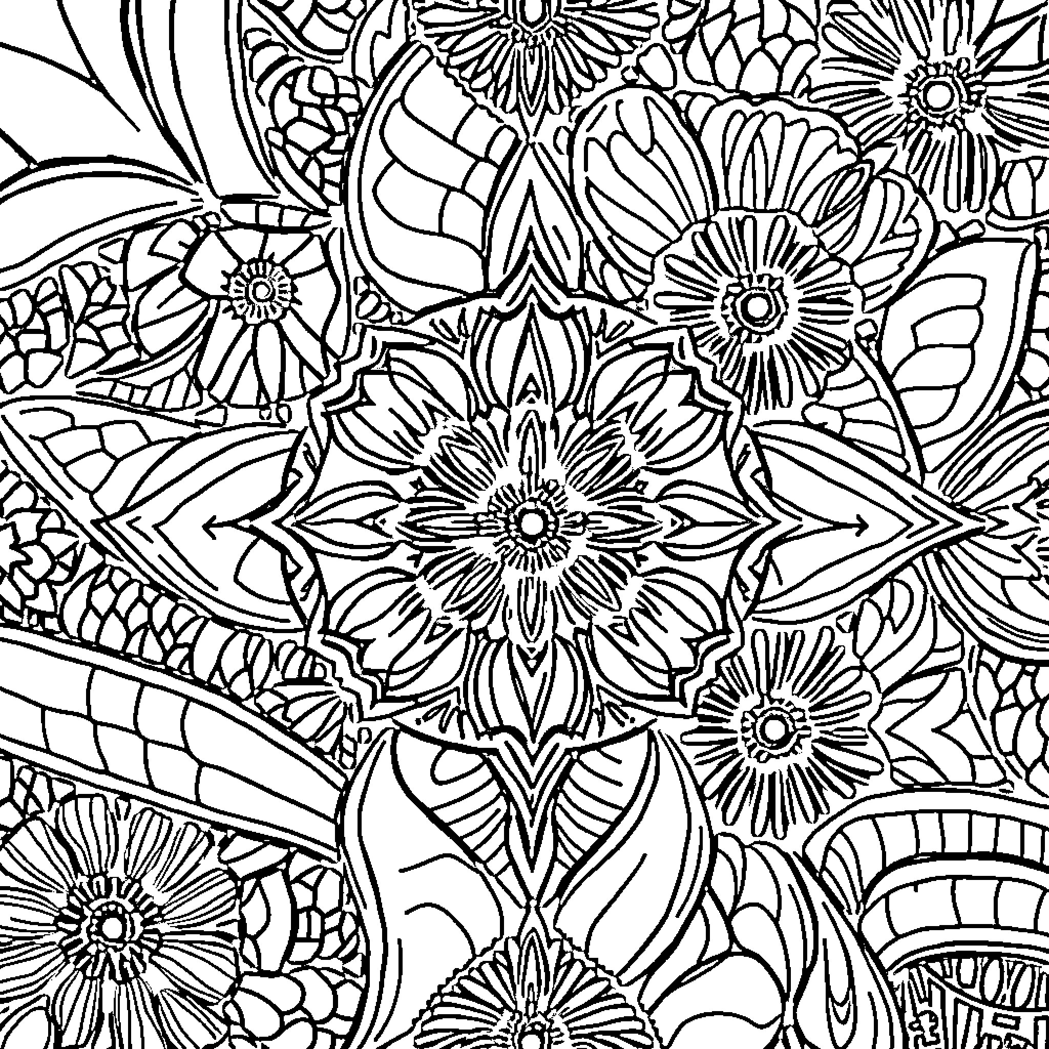Tessellation of Intricate Floral Patterns Coloring Page (free black-and-white line drawing printable PDF for all, from beginners to advanced learners, including children, teens, adults, and seniors)