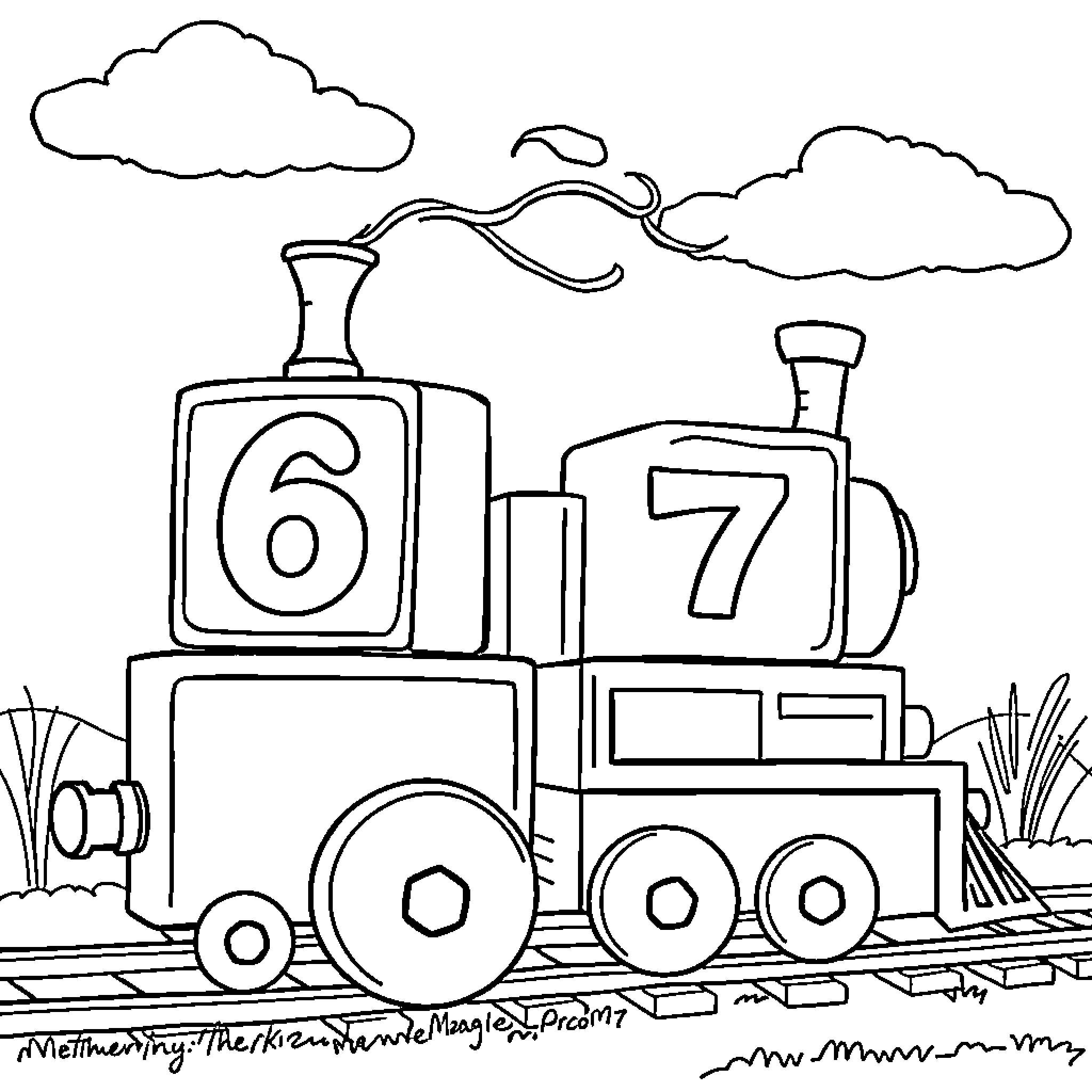 Number Blocks Riding a Train on the Tracks Coloring Page (free black-and-white line drawing printable PDF for all, from beginners to advanced learners, including children, teens, adults, and seniors)