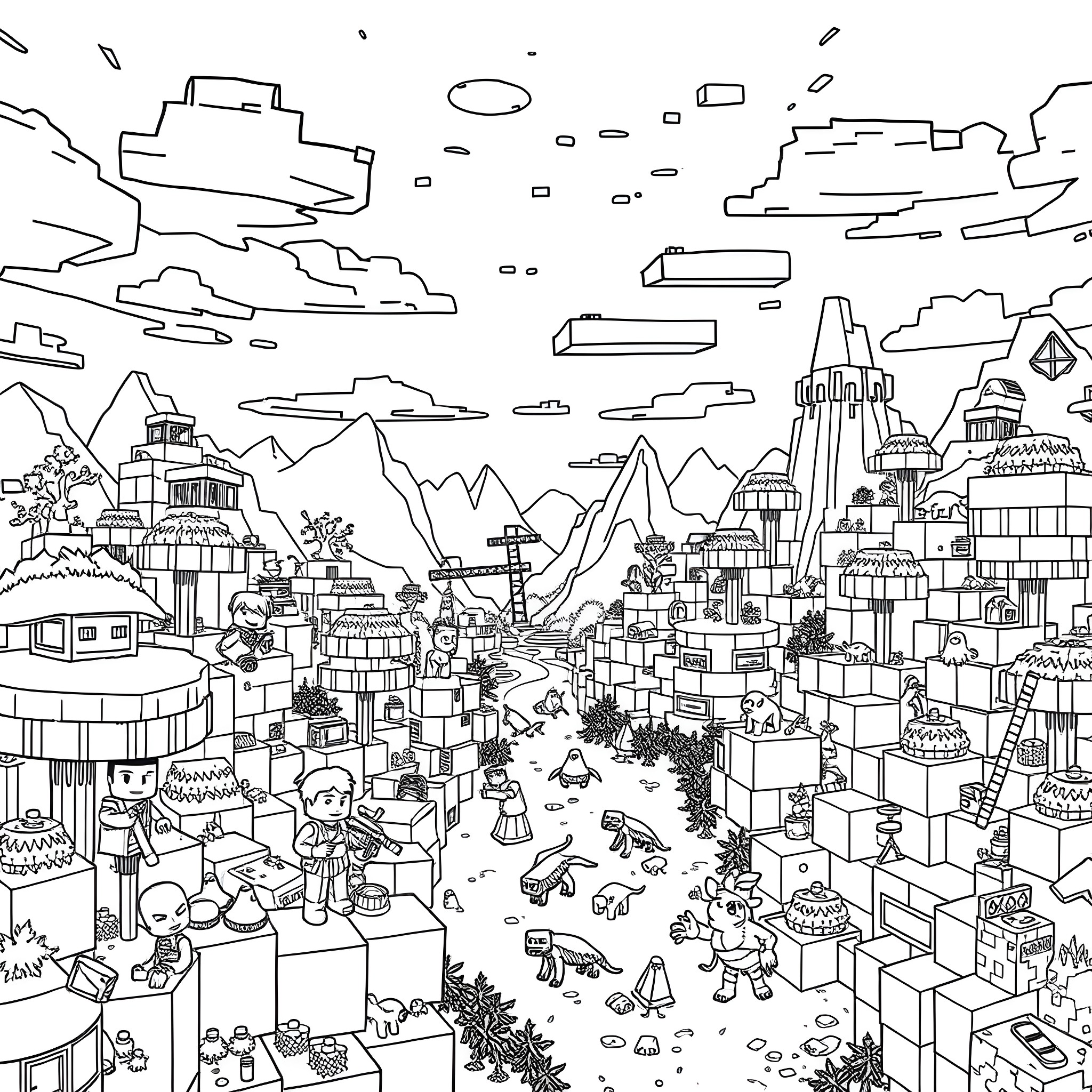 Minecraft townscape with diverse structures and characters Coloring Page (free black-and-white line drawing printable PDF for all, from beginners to advanced learners, including children, teens, adults, and seniors)